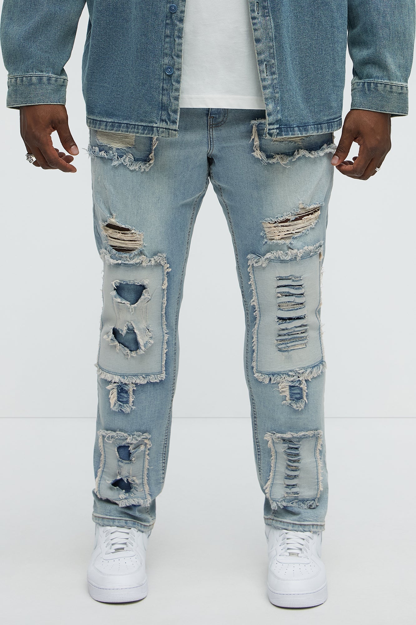 Shredded Patchwork Skinny Jeans - Light Wash