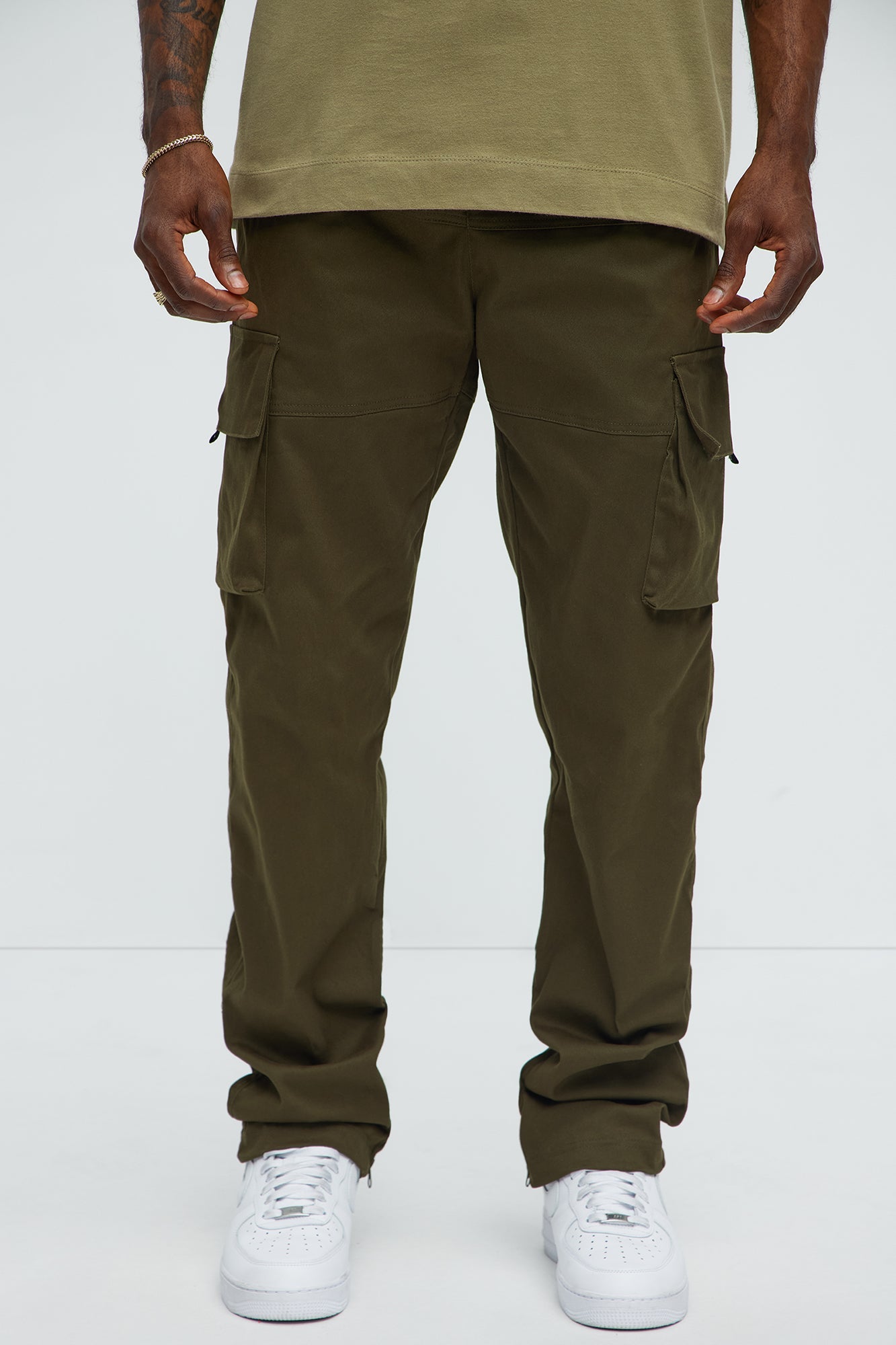 Straight Cargo Ankle Zipper Pants - Olive