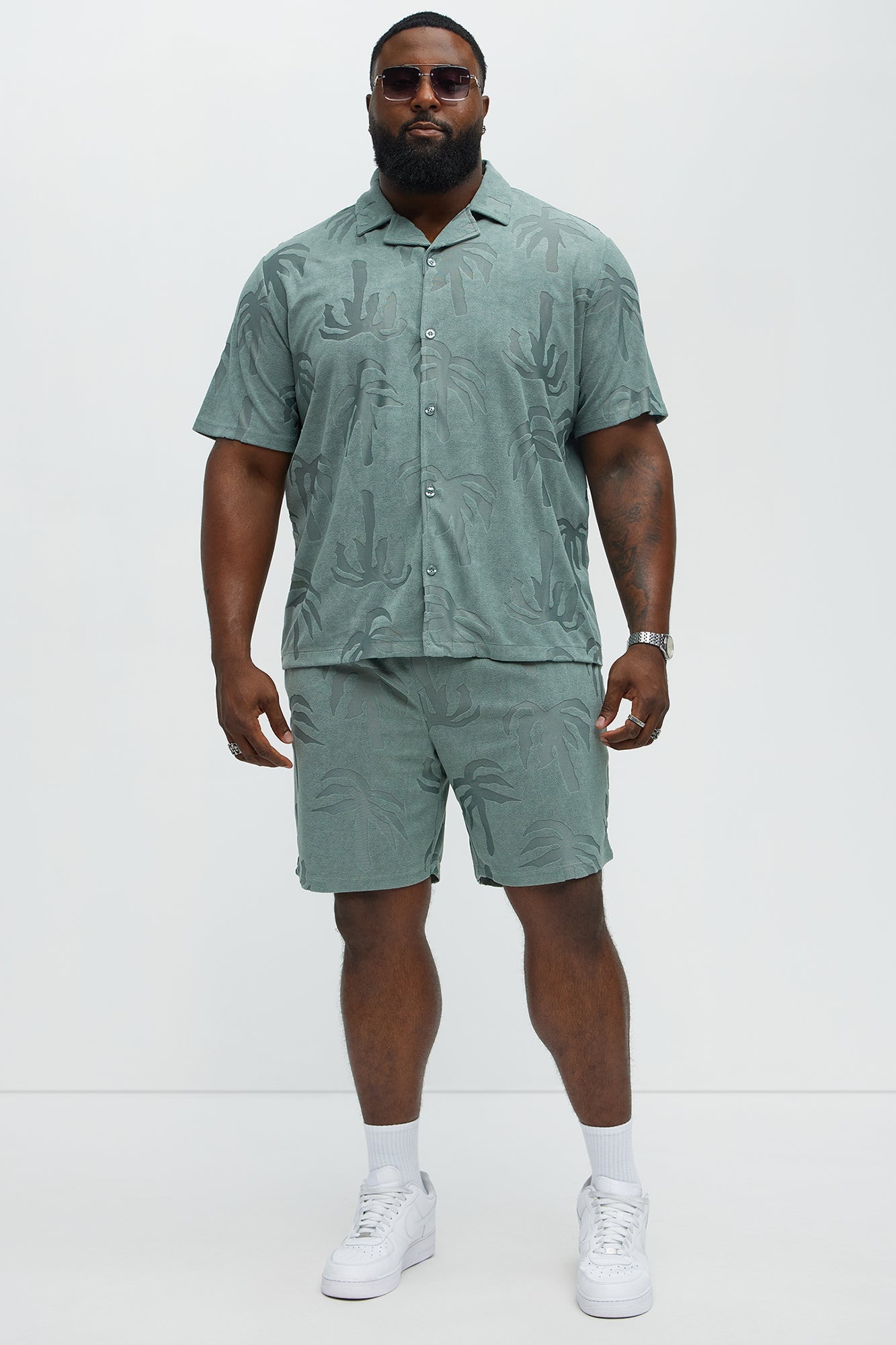 Tropical Trees Jacquard Cuban Button Down Shirts  - Sage