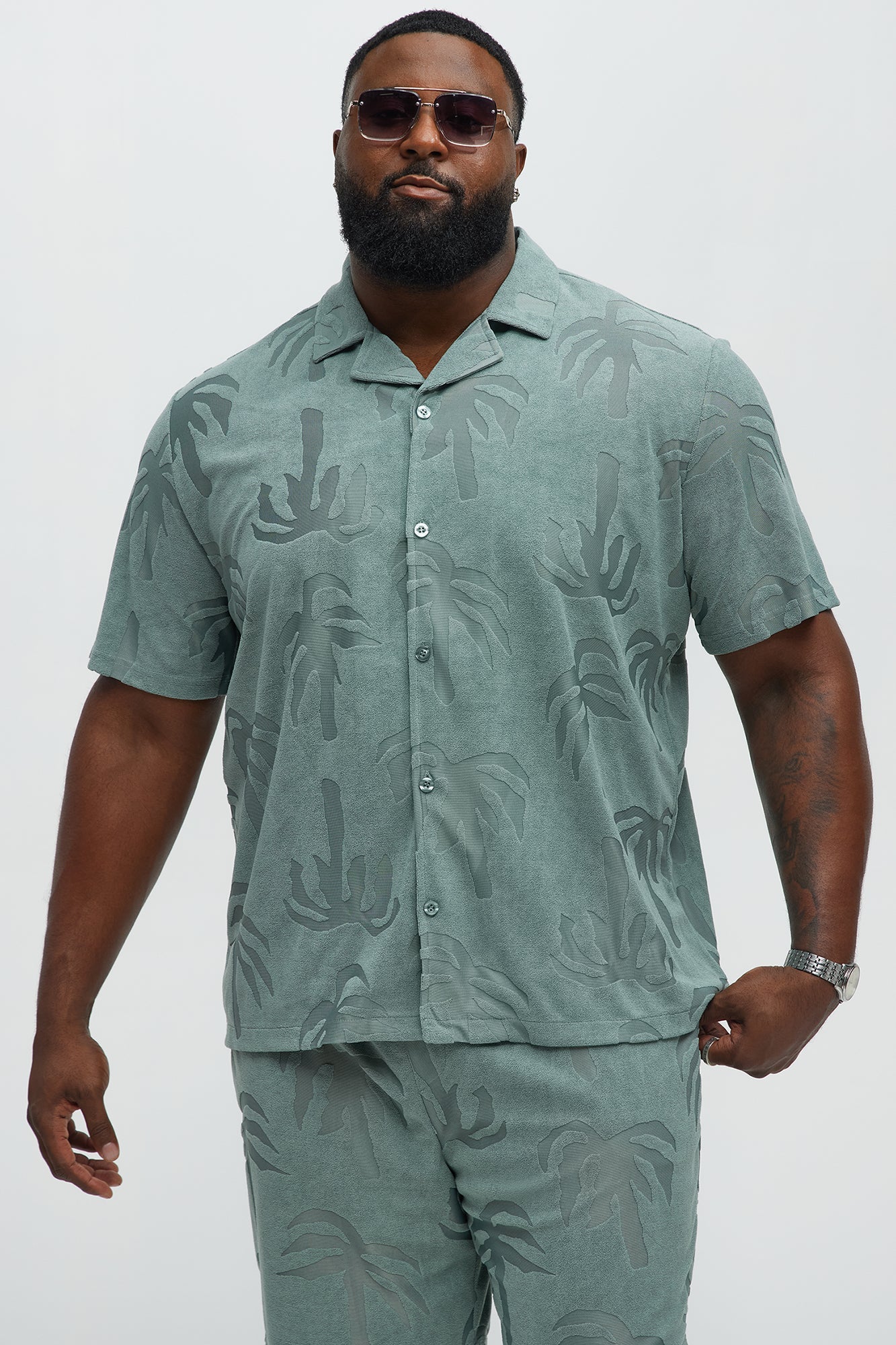 Tropical Trees Jacquard Cuban Button Down Shirts  - Sage