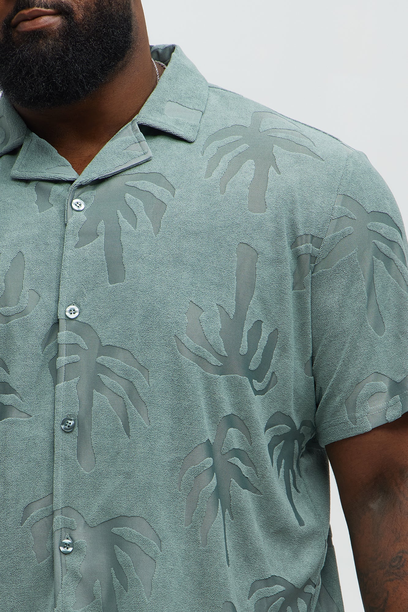 Tropical Trees Jacquard Cuban Button Down Shirts  - Sage