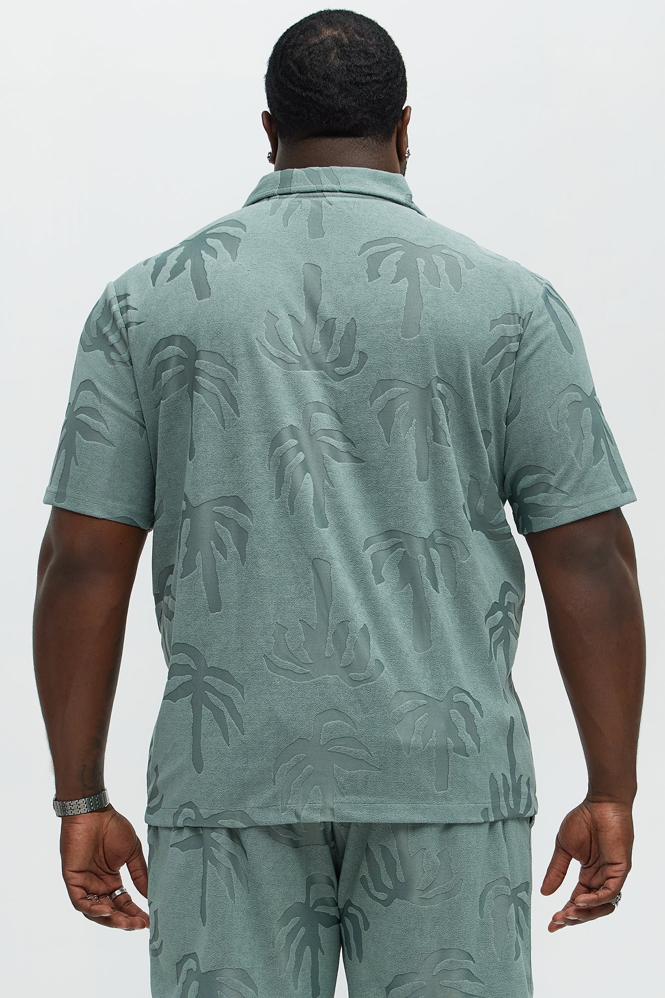 Tropical Trees Jacquard Cuban Button Down Shirts  - Sage