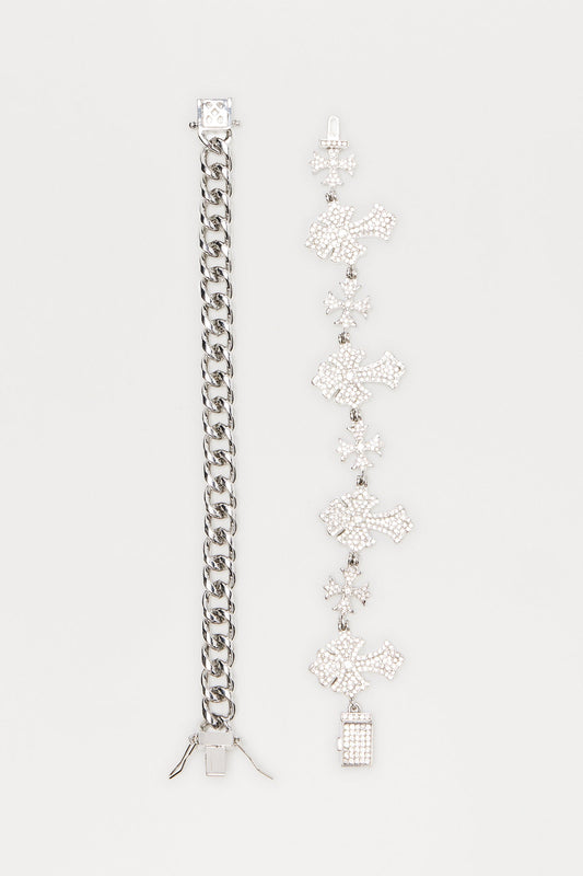 Iced Out Cross Bracelet Set - Silver