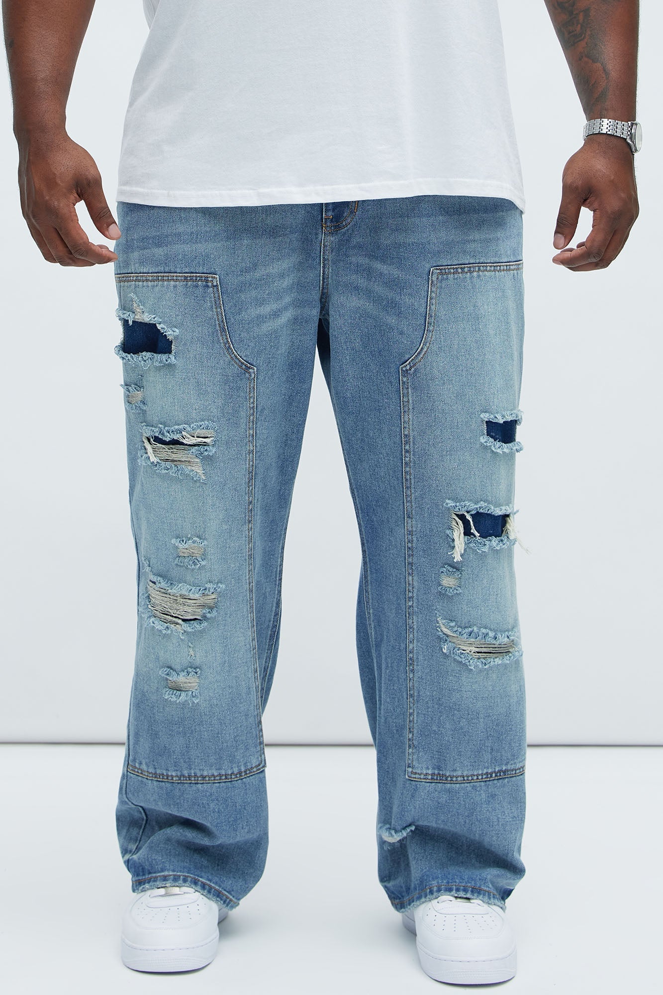 Bore Distressed Carpenter Straight Jeans - Blue Wash