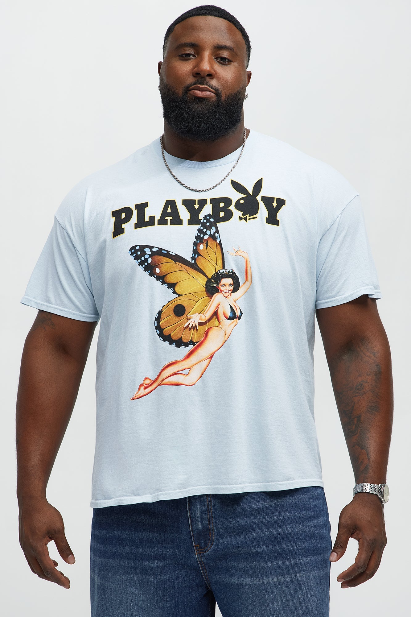 Playboy Butterfly Pinup Short Sleeve Tee - Light Blue