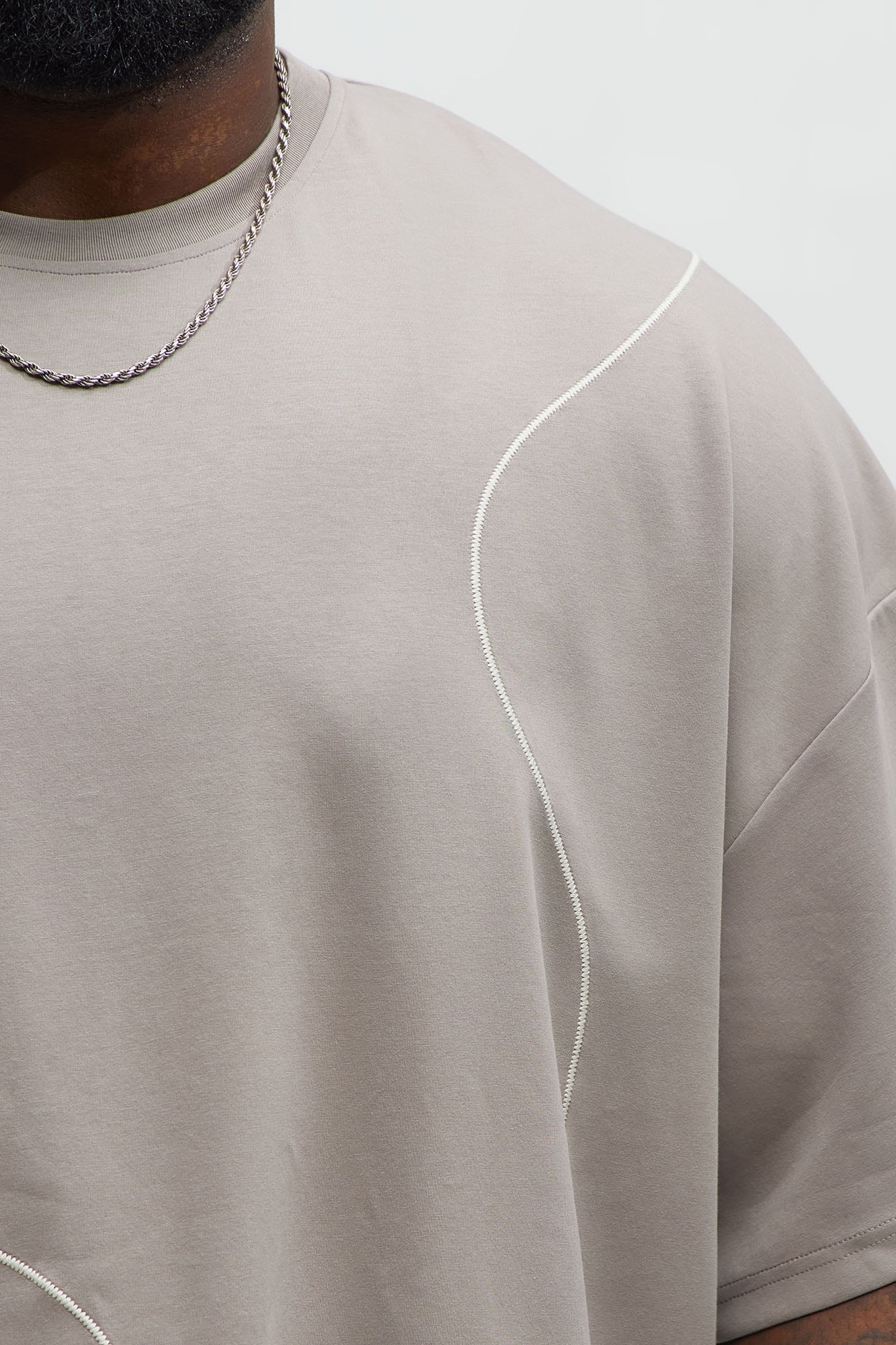 Vertical Wavy Contrast Stitch Boxy Cropped Tee - Taupe