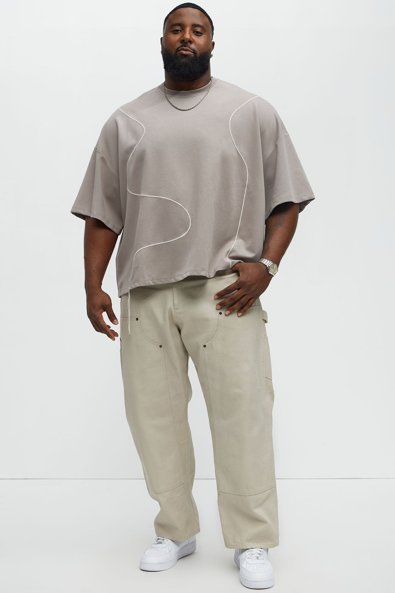 Vertical Wavy Contrast Stitch Boxy Cropped Tee - Taupe