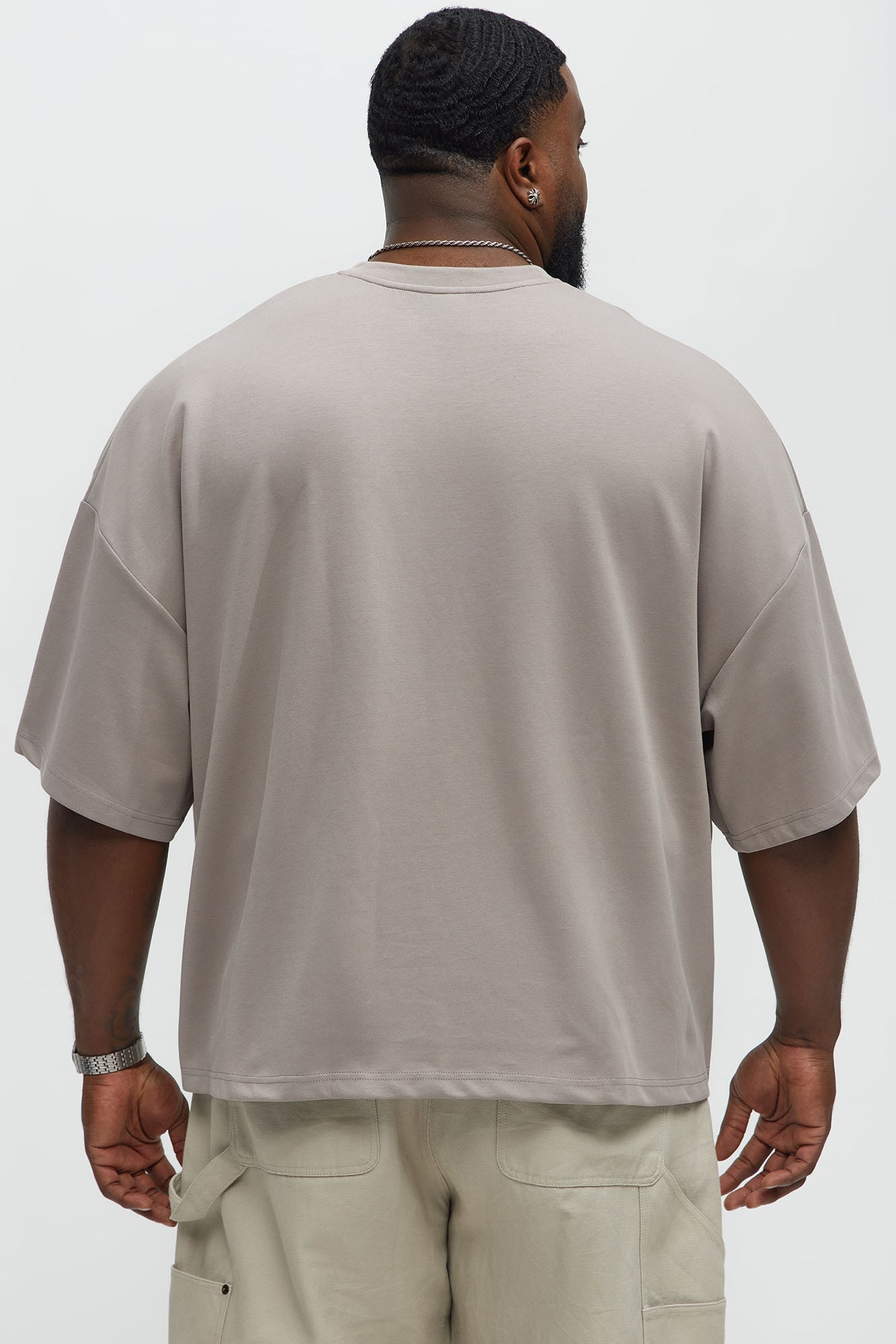 Vertical Wavy Contrast Stitch Boxy Cropped Tee - Taupe