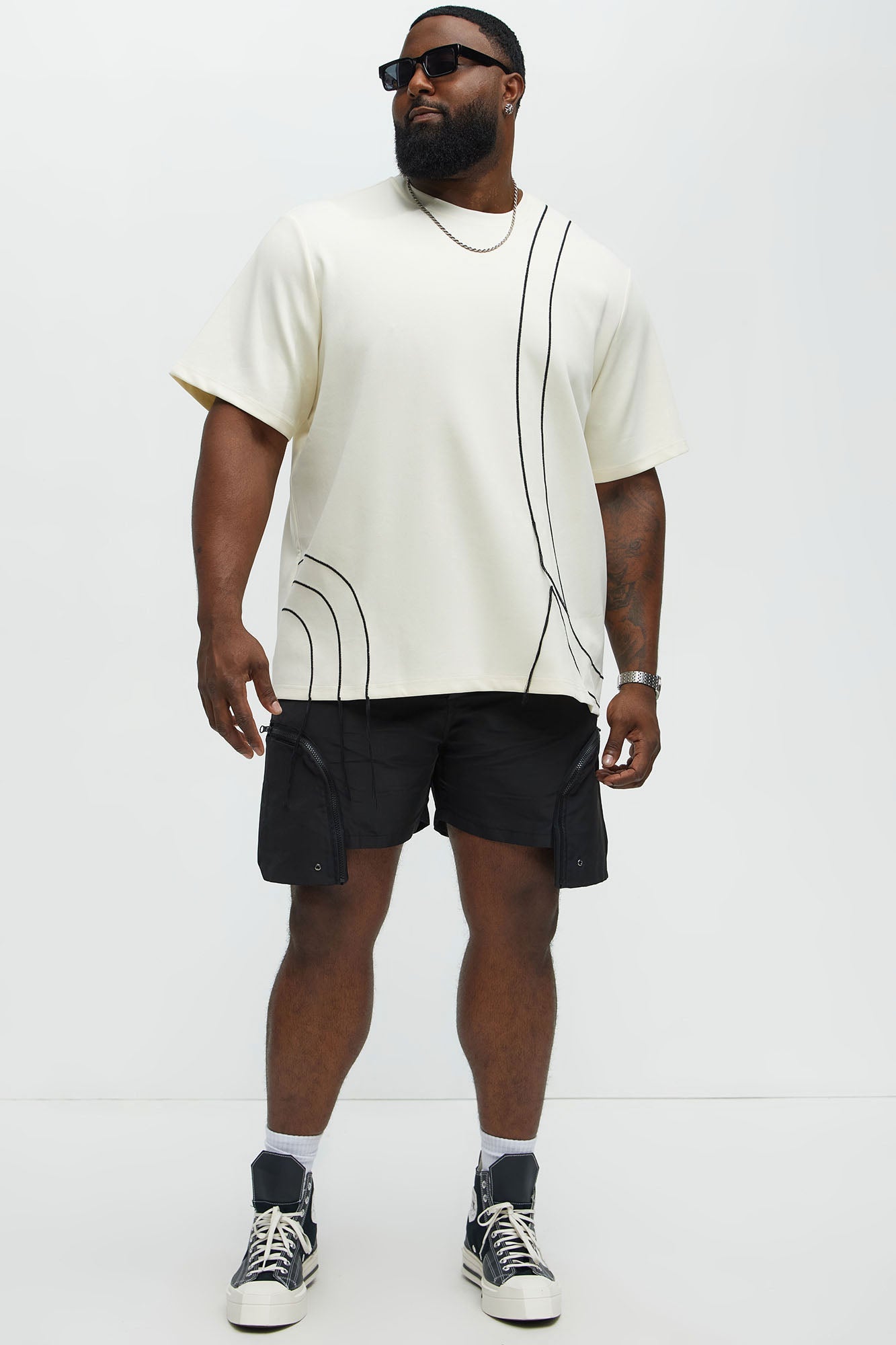 Circular Contrast Stitch Oversized Tee - Cream