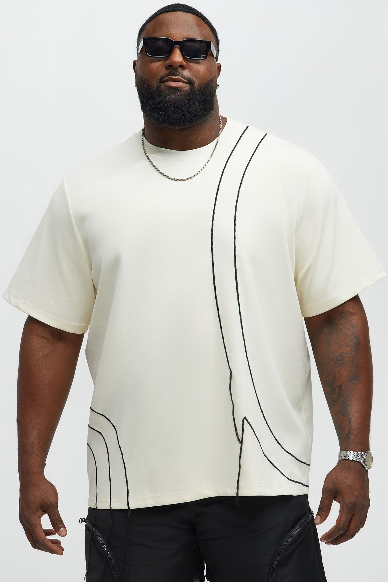 Circular Contrast Stitch Oversized Tee - Cream