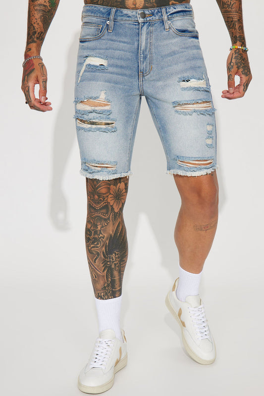 Back To It Distressed Raw Hem Slim Denim Shorts - Light Wash