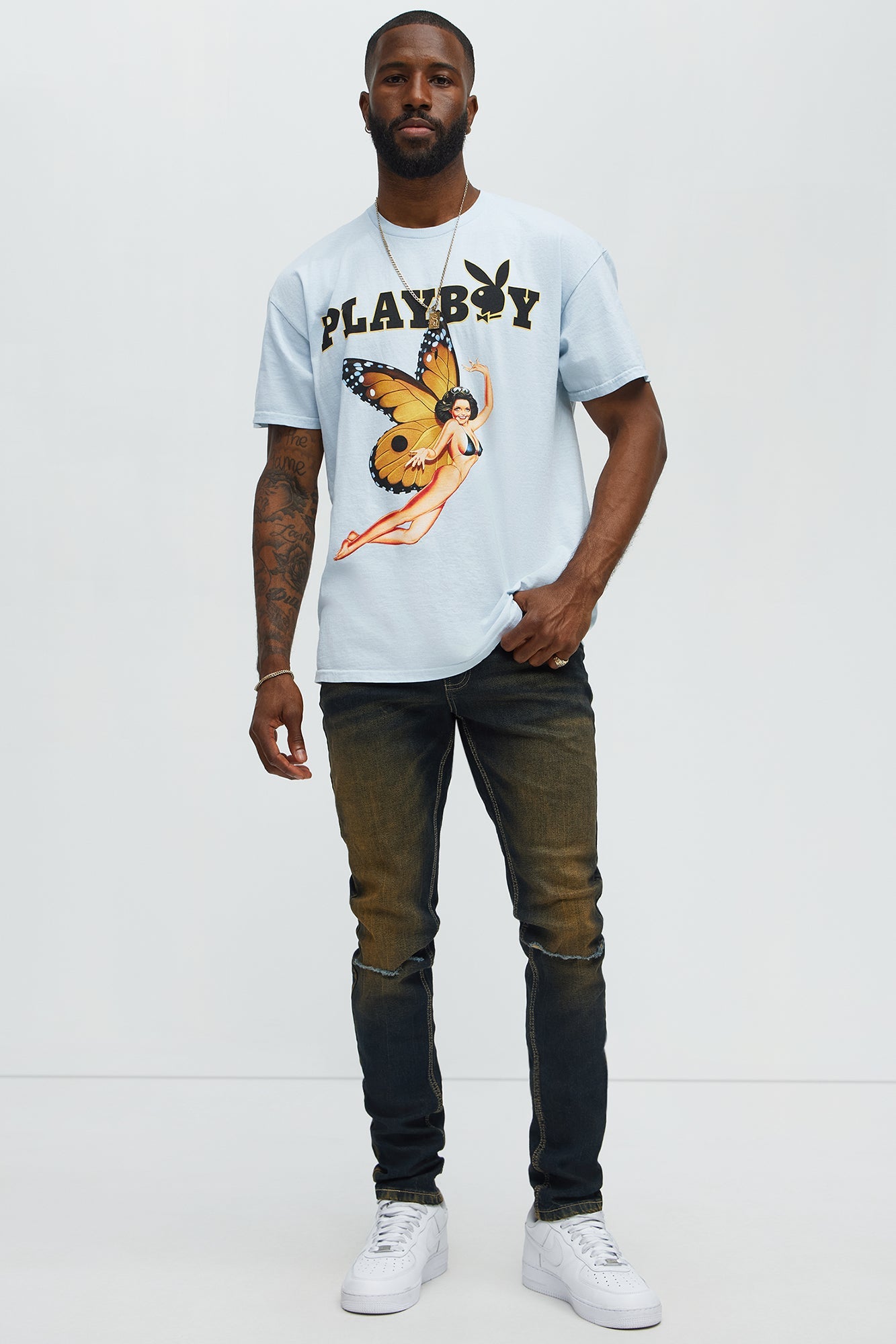 Playboy Butterfly Pinup Short Sleeve Tee - Light Blue