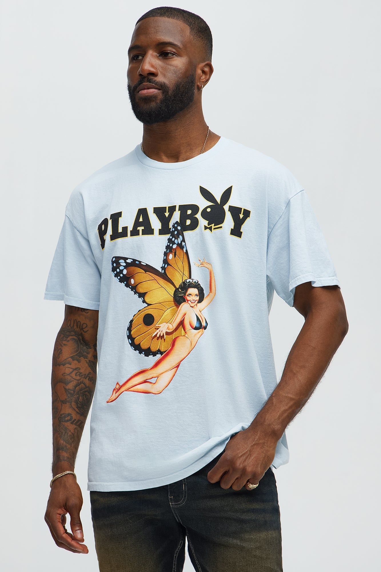 Playboy Butterfly Pinup Short Sleeve Tee - Light Blue