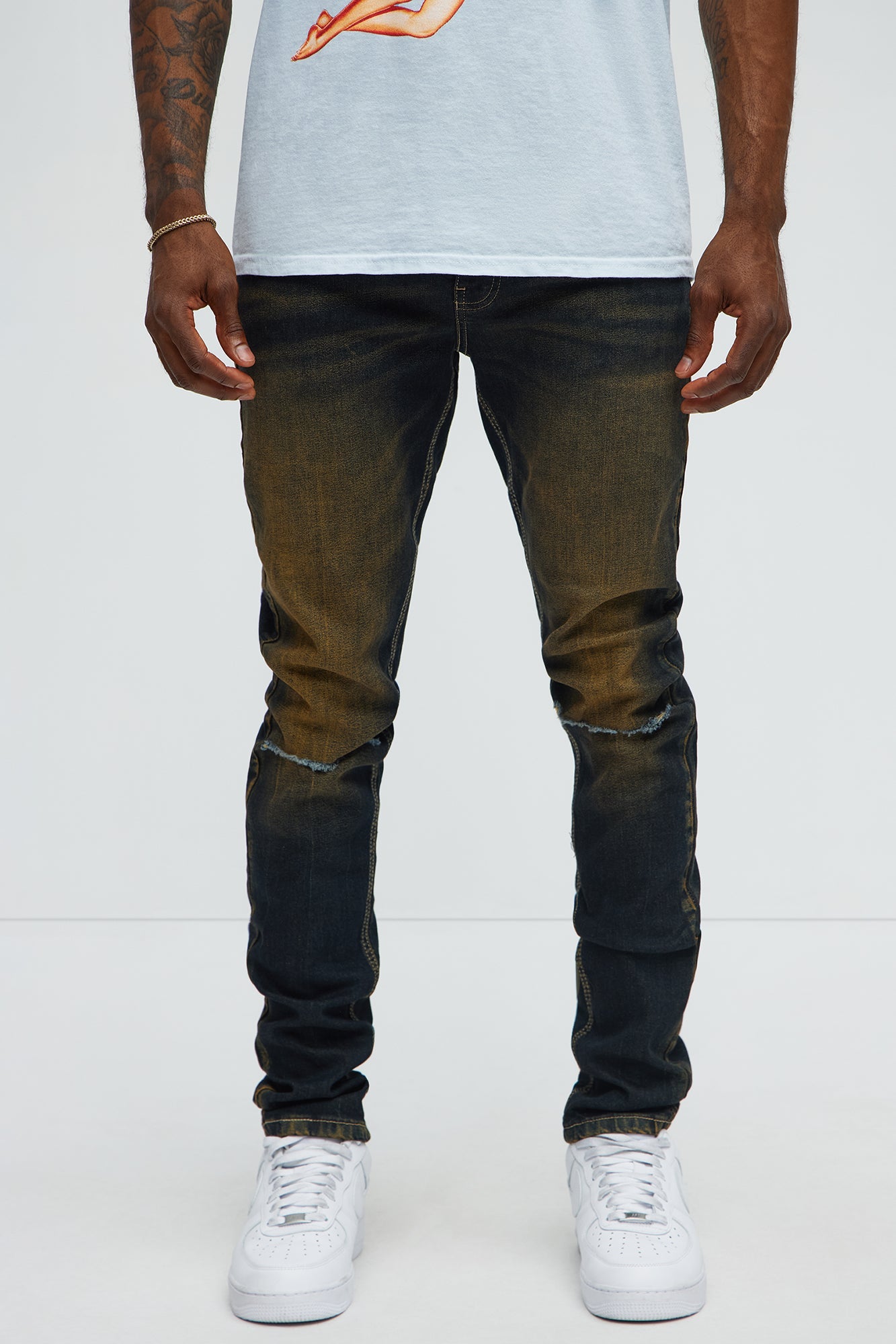 Be First Distressed Stacked Skinny Jeans - Vintage Blue Wash