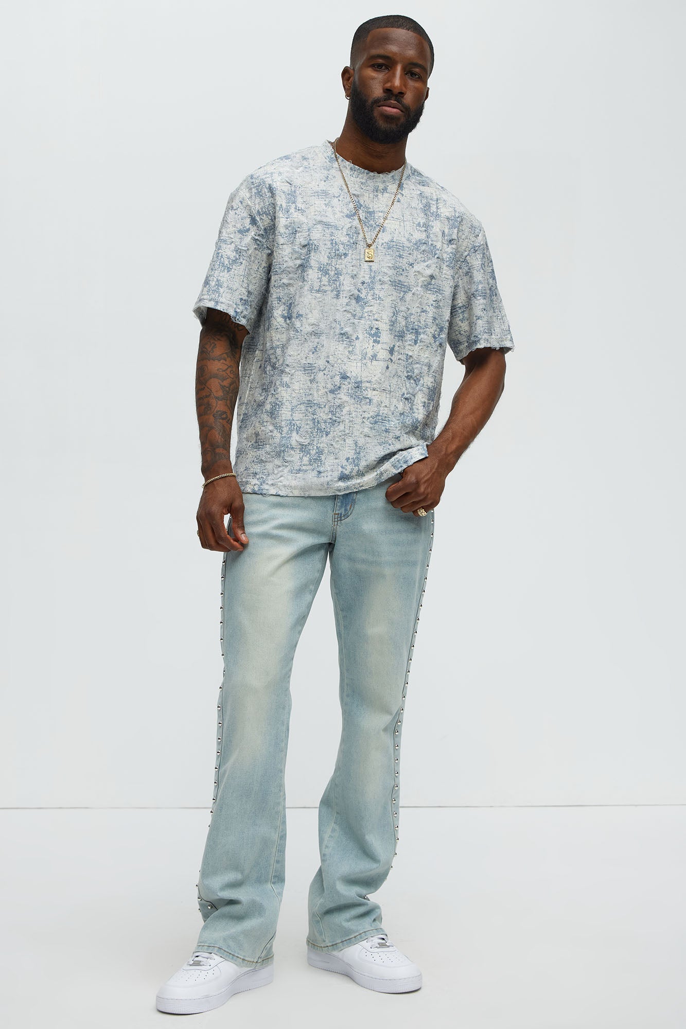 Distressed Relaxed Short Sleeve Tee Shirt - Cream