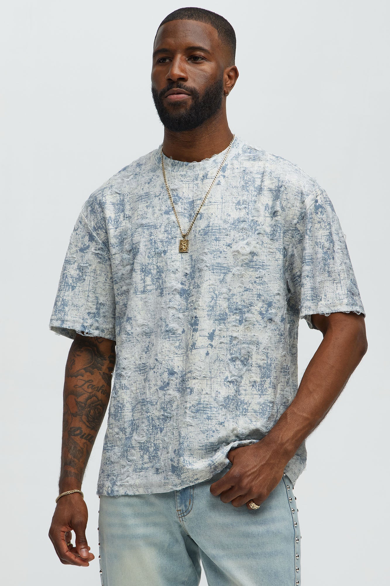 Distressed Relaxed Short Sleeve Tee Shirt - Cream