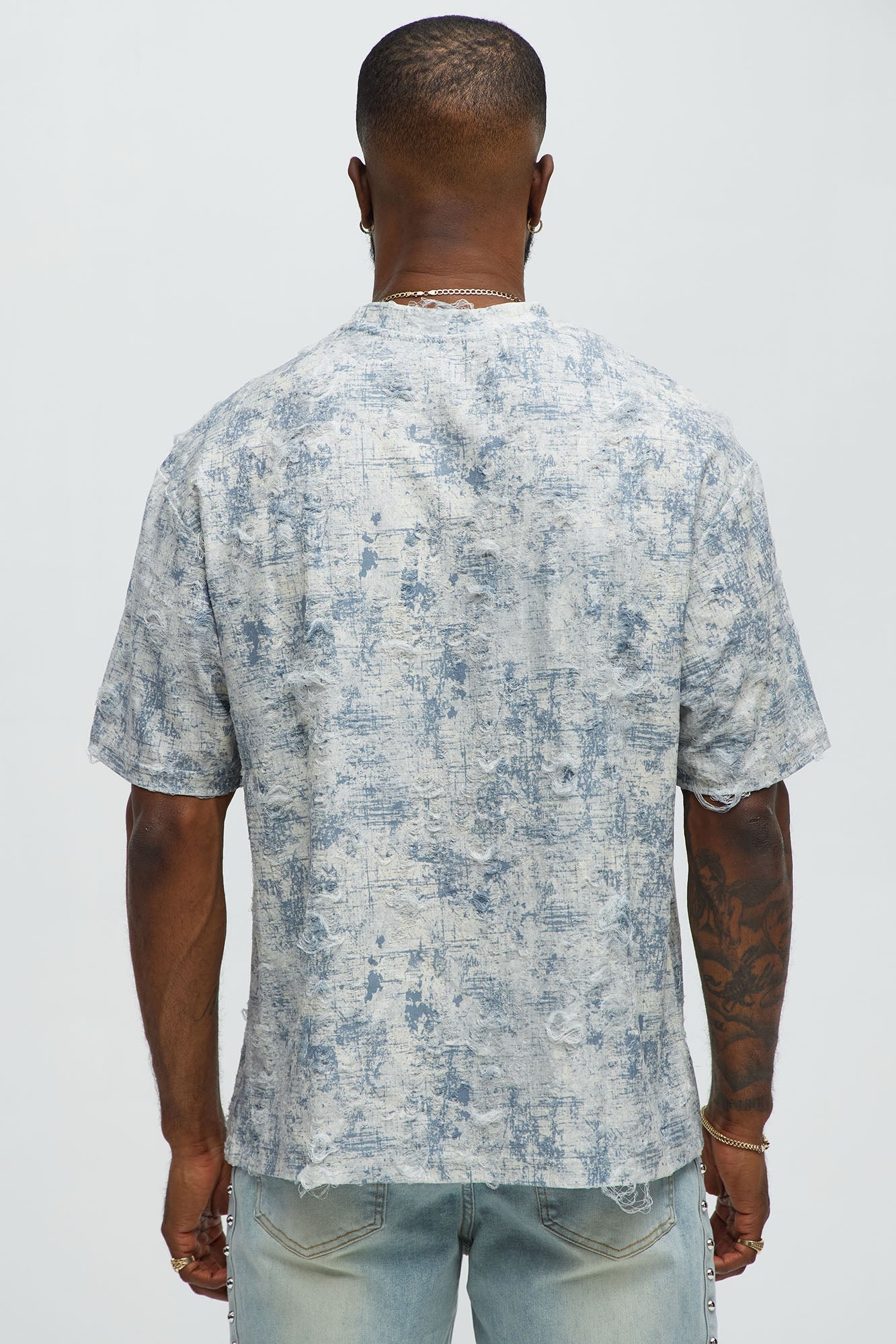 Distressed Relaxed Short Sleeve Tee Shirt - Cream