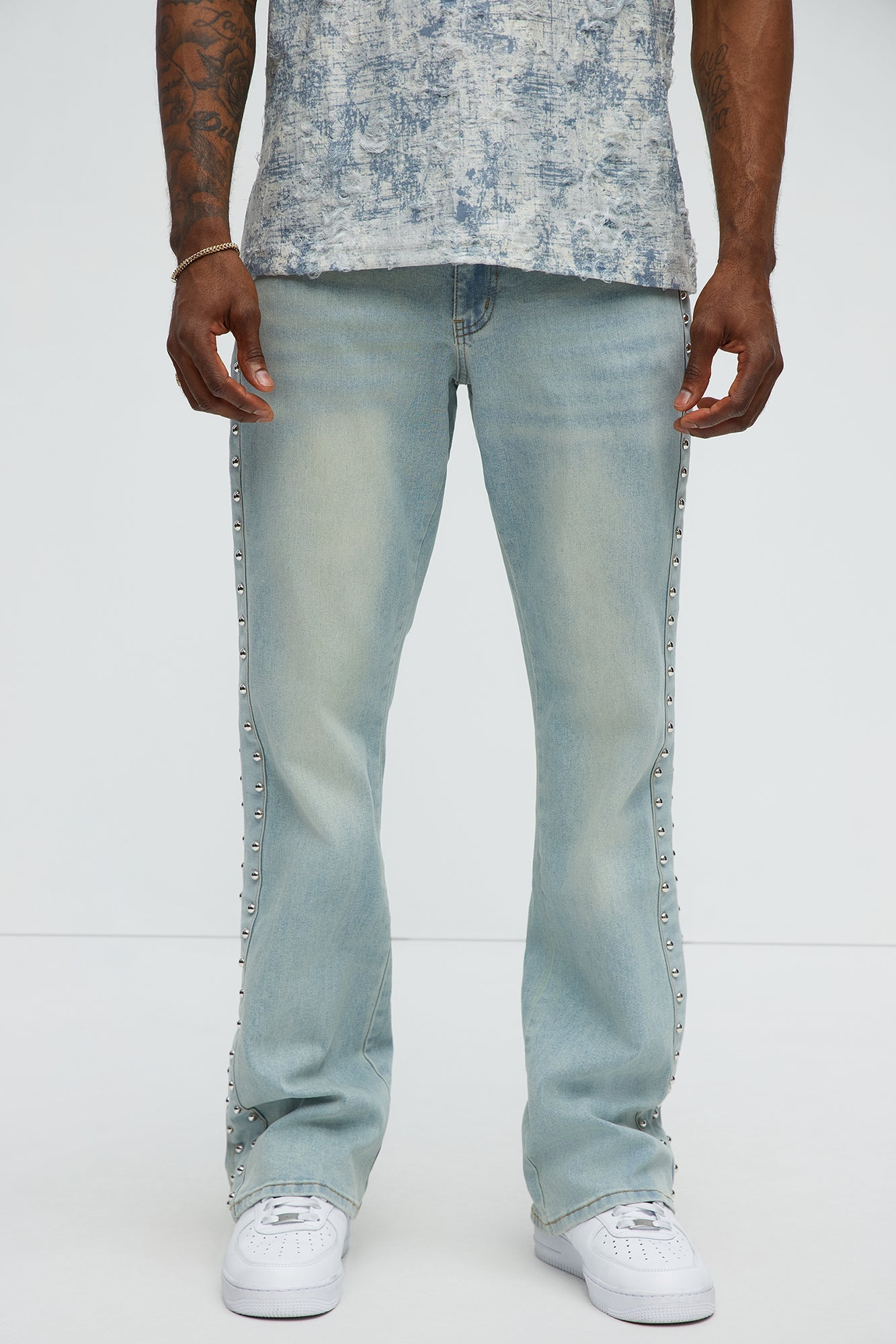 Stacked Slim Flare Stud On The Side Jeans - Light Wash