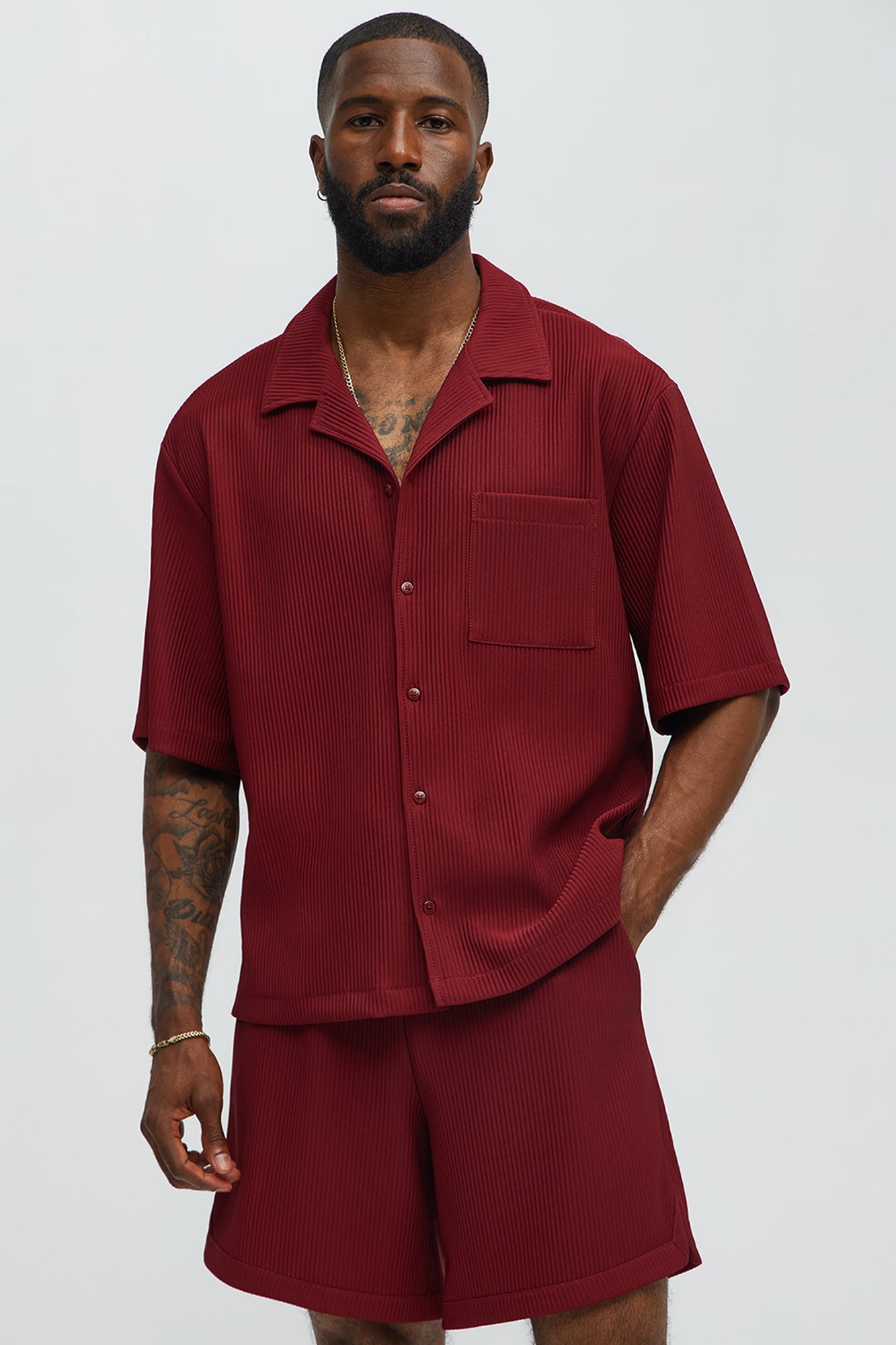 Show Up Short Sleeve Cuban Shirt - Burgundy