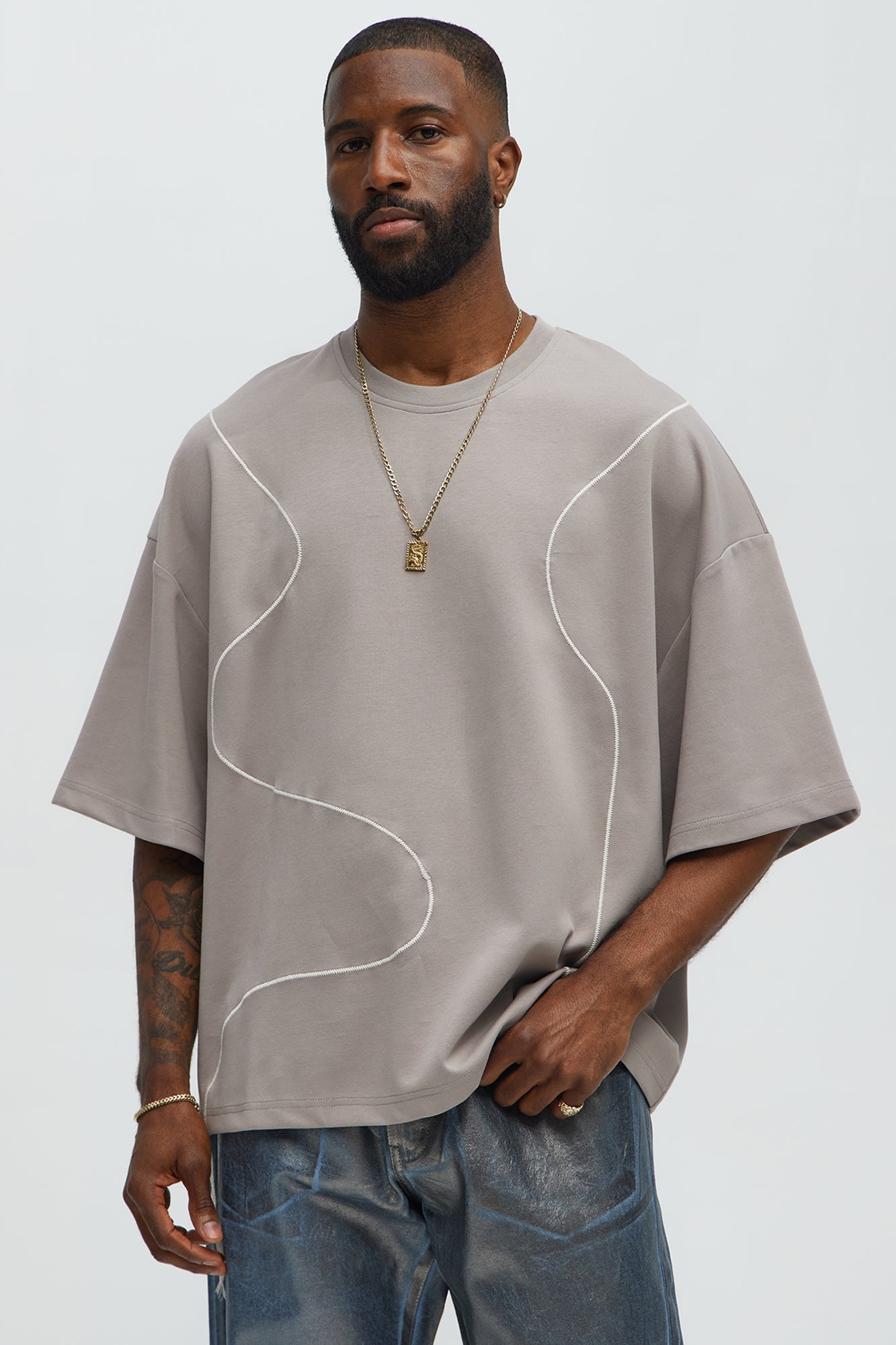 Vertical Wavy Contrast Stitch Boxy Cropped Tee - Taupe