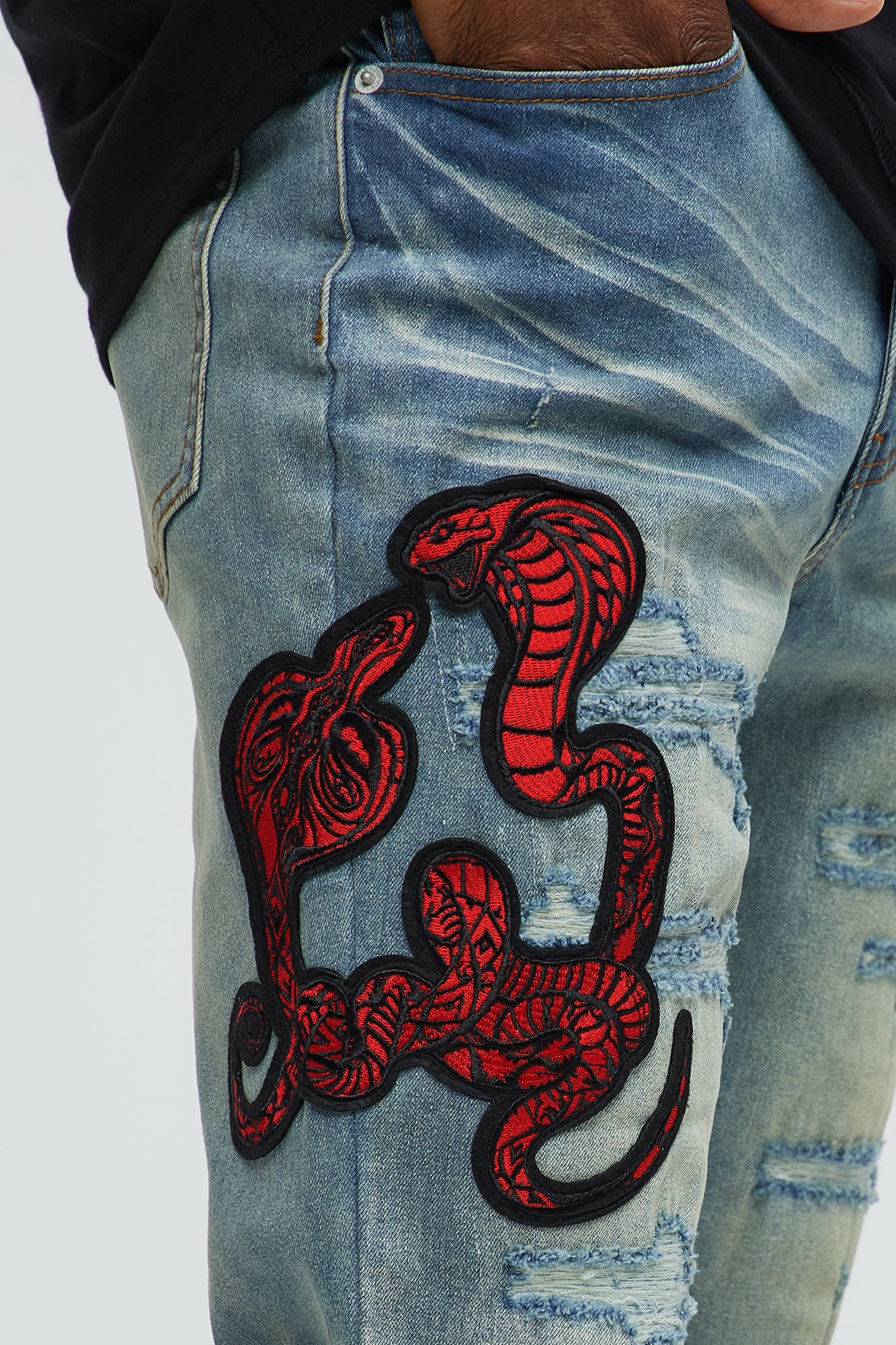 Side Snake Rip And Repair Stacked Skinny Jeans - Vintage Blue Wash