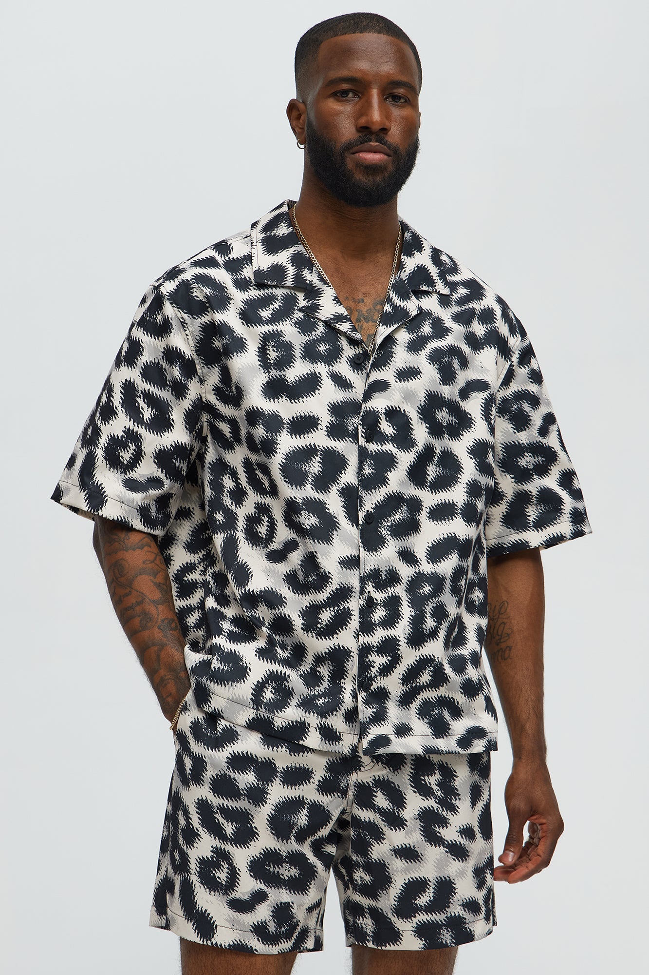 Pixel Surge Cuban Collar Short Sleeve Shirt - Cream/combo