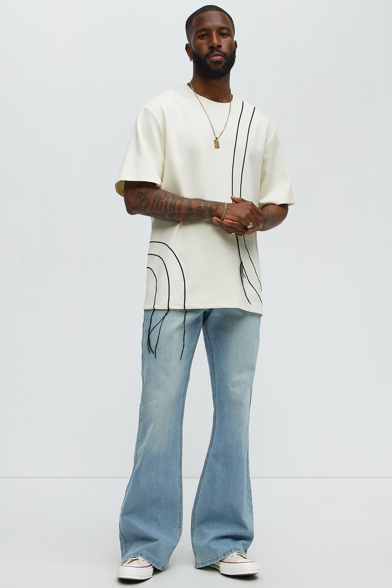 Circular Contrast Stitch Oversized Tee - Cream