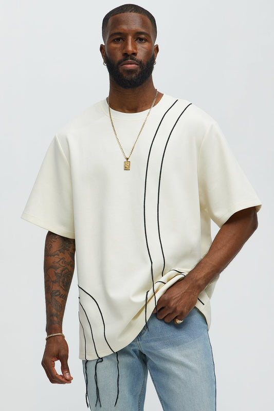 Circular Contrast Stitch Oversized Tee - Cream