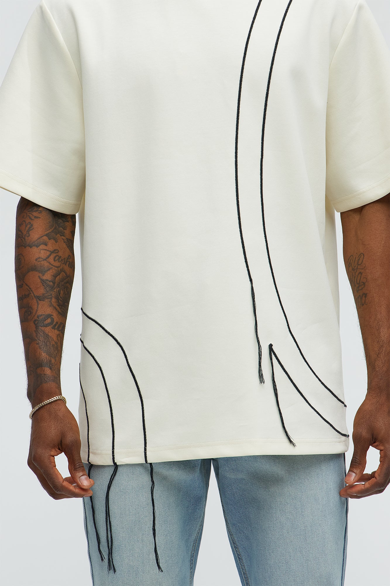 Circular Contrast Stitch Oversized Tee - Cream