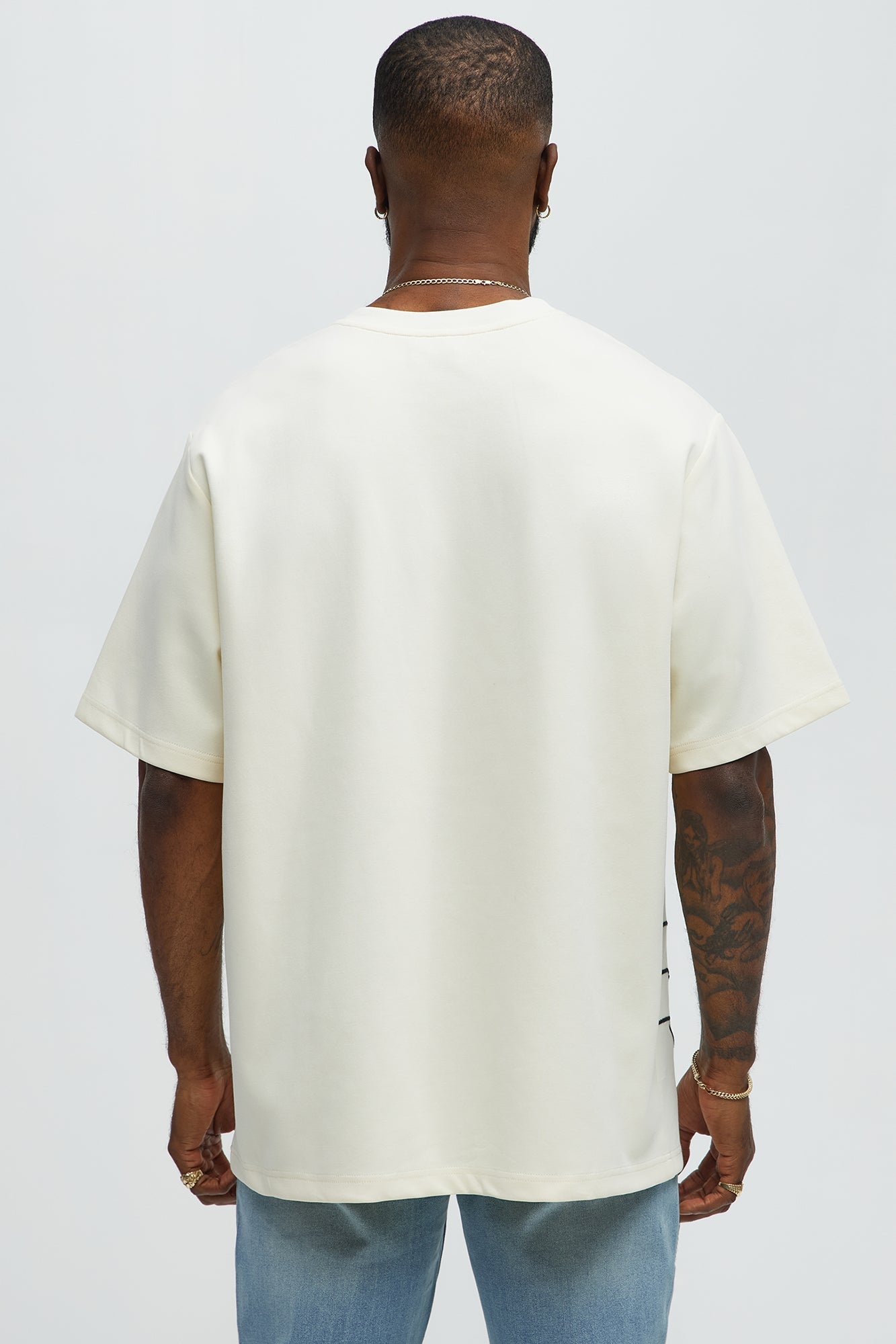 Circular Contrast Stitch Oversized Tee - Cream