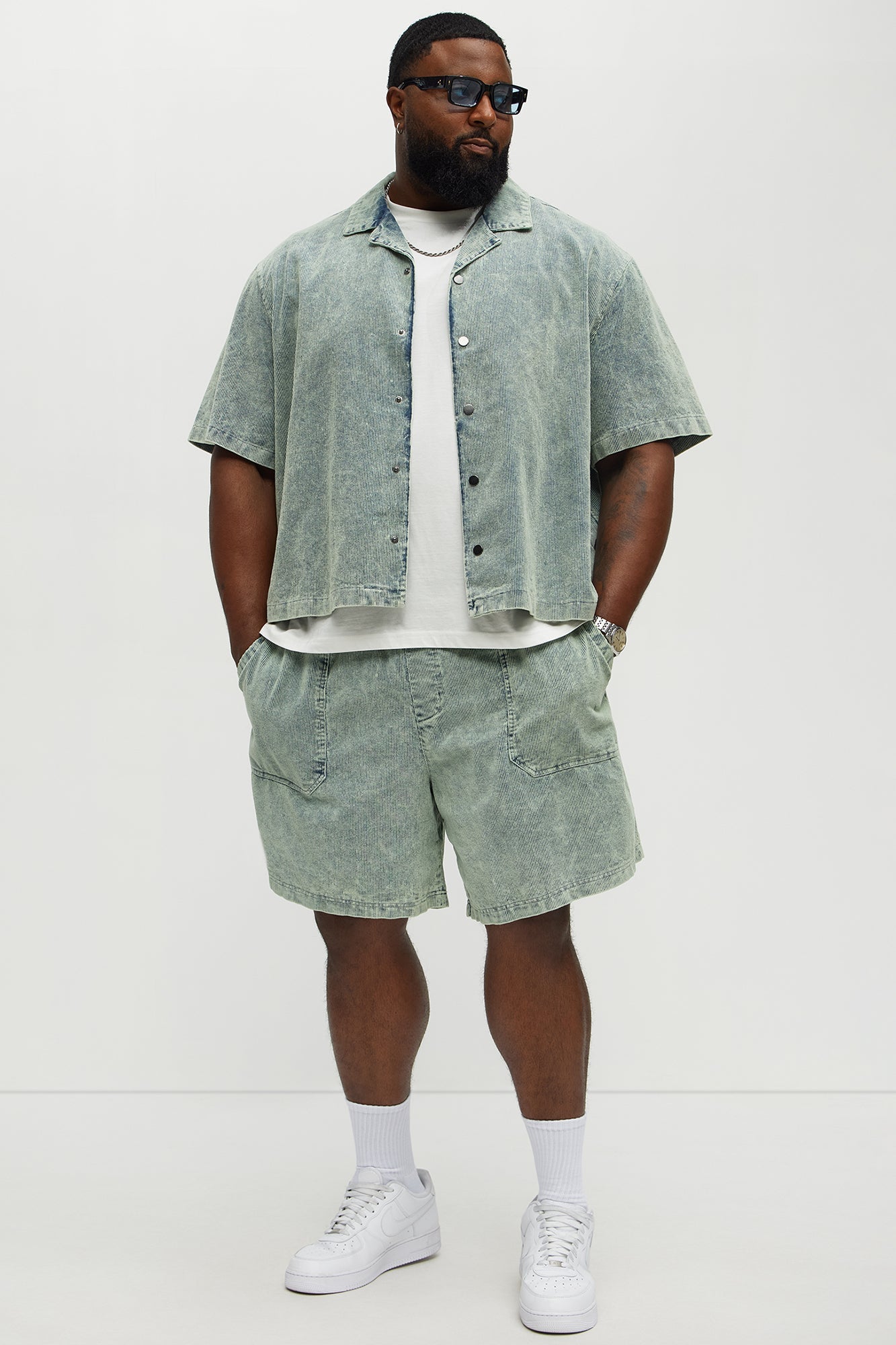 Ohio Corduroy Cuban Collar Cropped Short Sleeve Shirt - Blue/combo