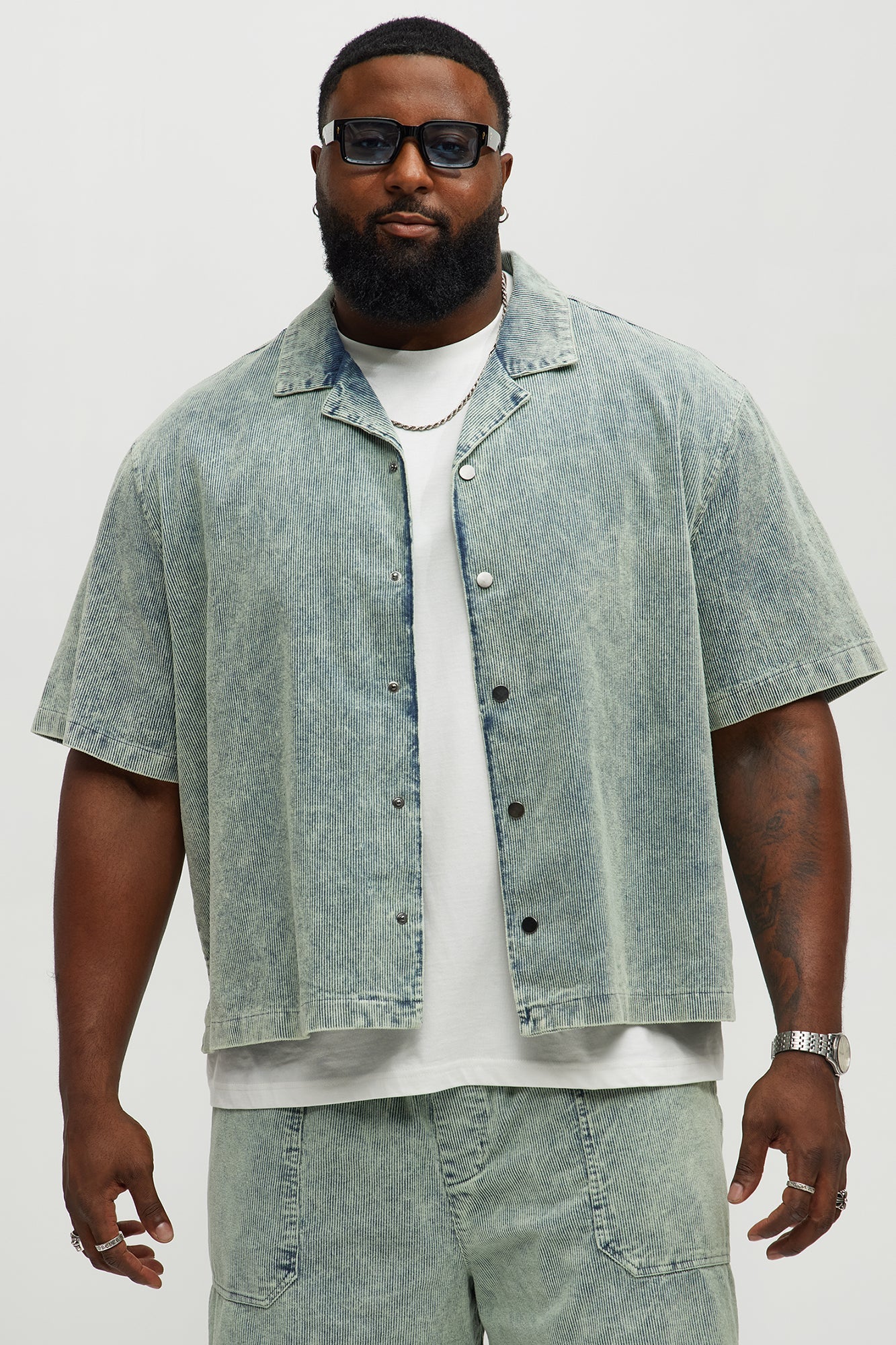 Ohio Corduroy Cuban Collar Cropped Short Sleeve Shirt - Blue/combo
