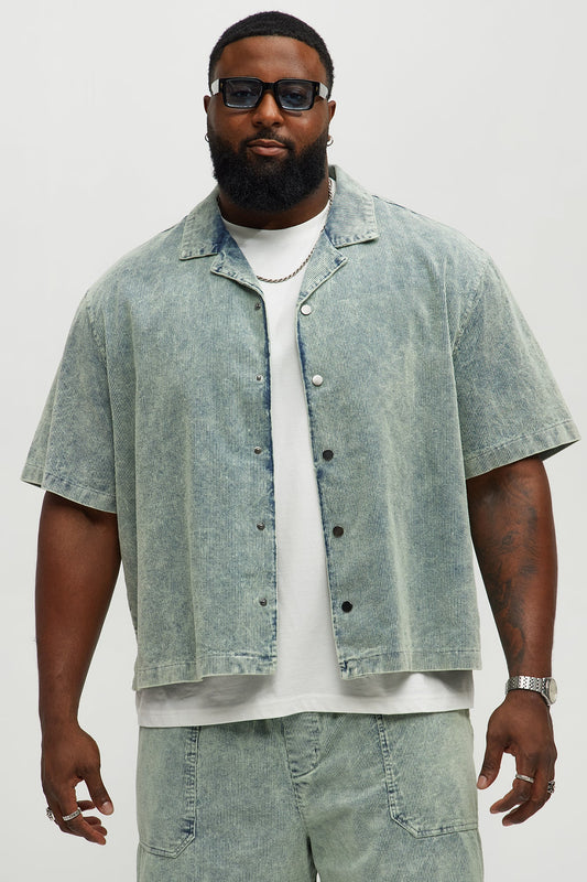 Ohio Corduroy Cuban Collar Cropped Short Sleeve Shirt - Blue/combo