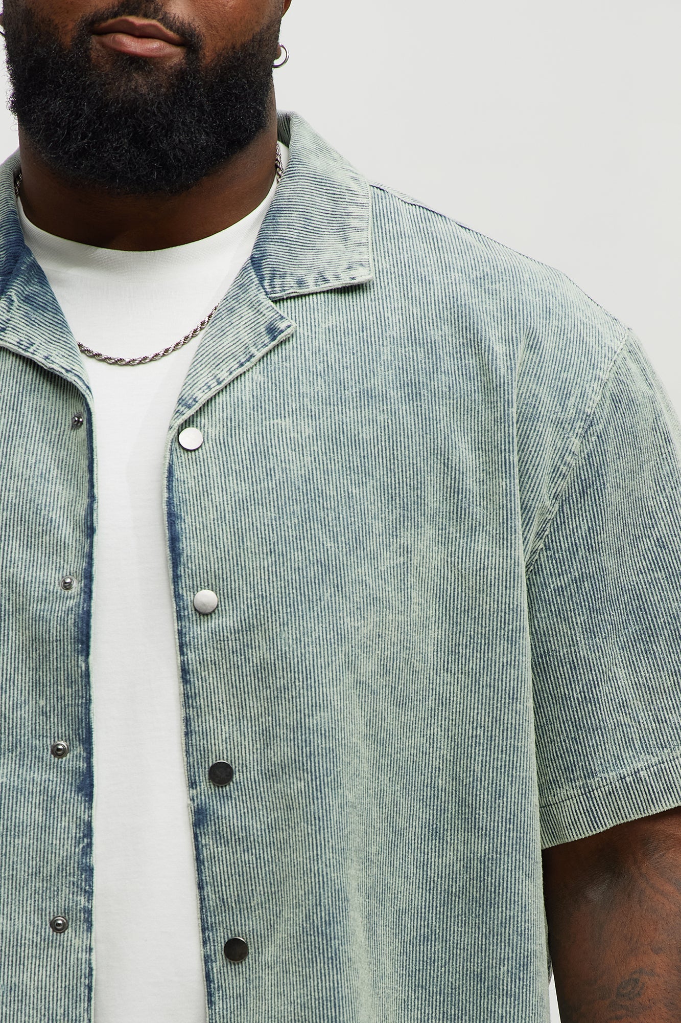 Ohio Corduroy Cuban Collar Cropped Short Sleeve Shirt - Blue/combo