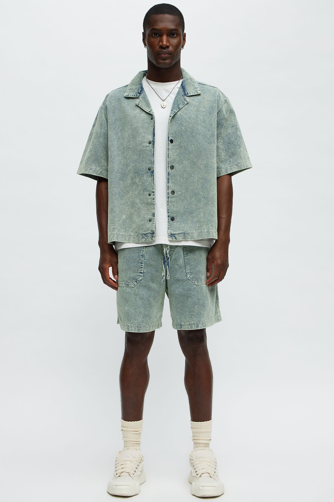 Ohio Corduroy Cuban Collar Cropped Short Sleeve Shirt - Blue/combo