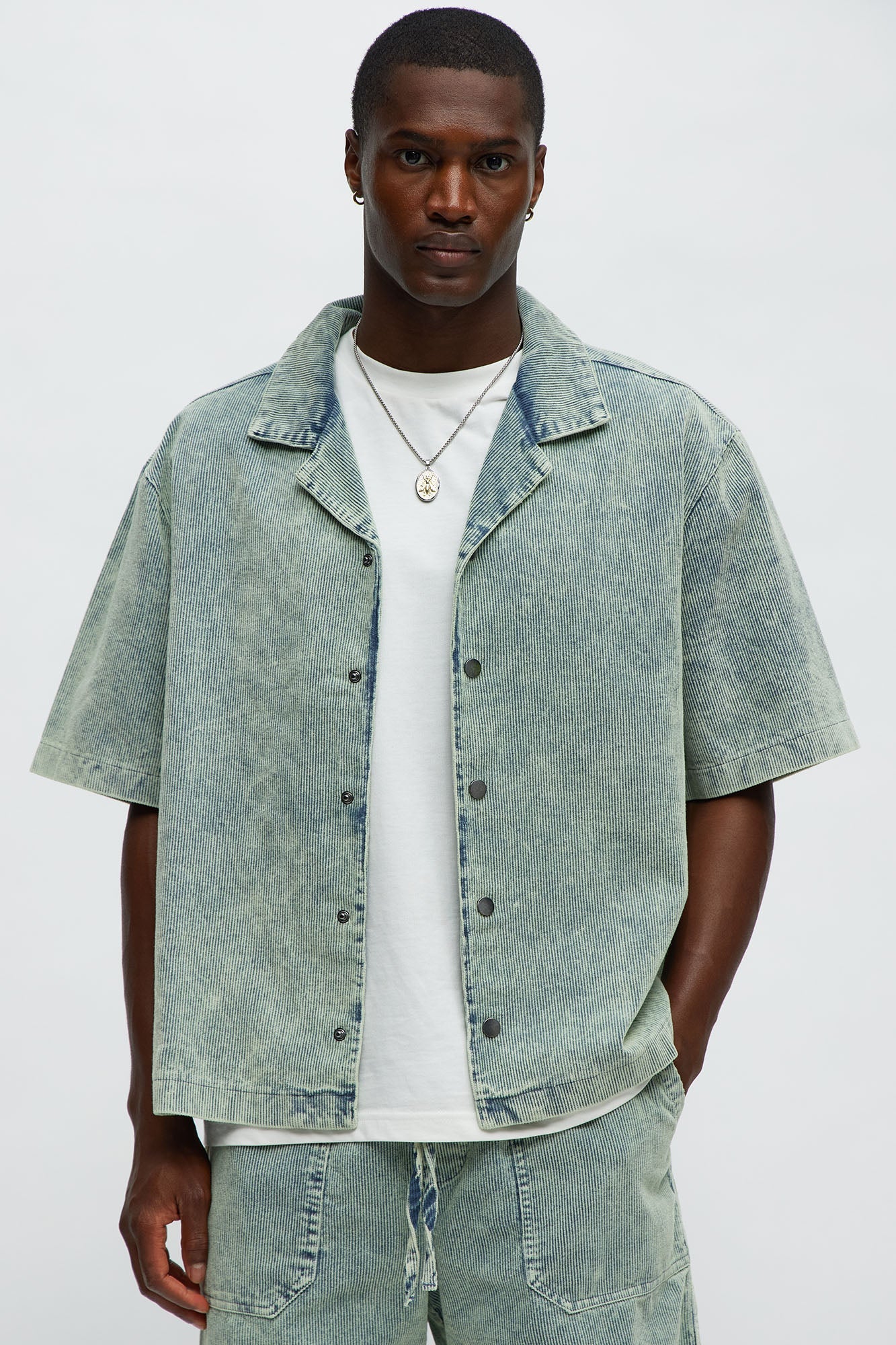 Ohio Corduroy Cuban Collar Cropped Short Sleeve Shirt - Blue/combo