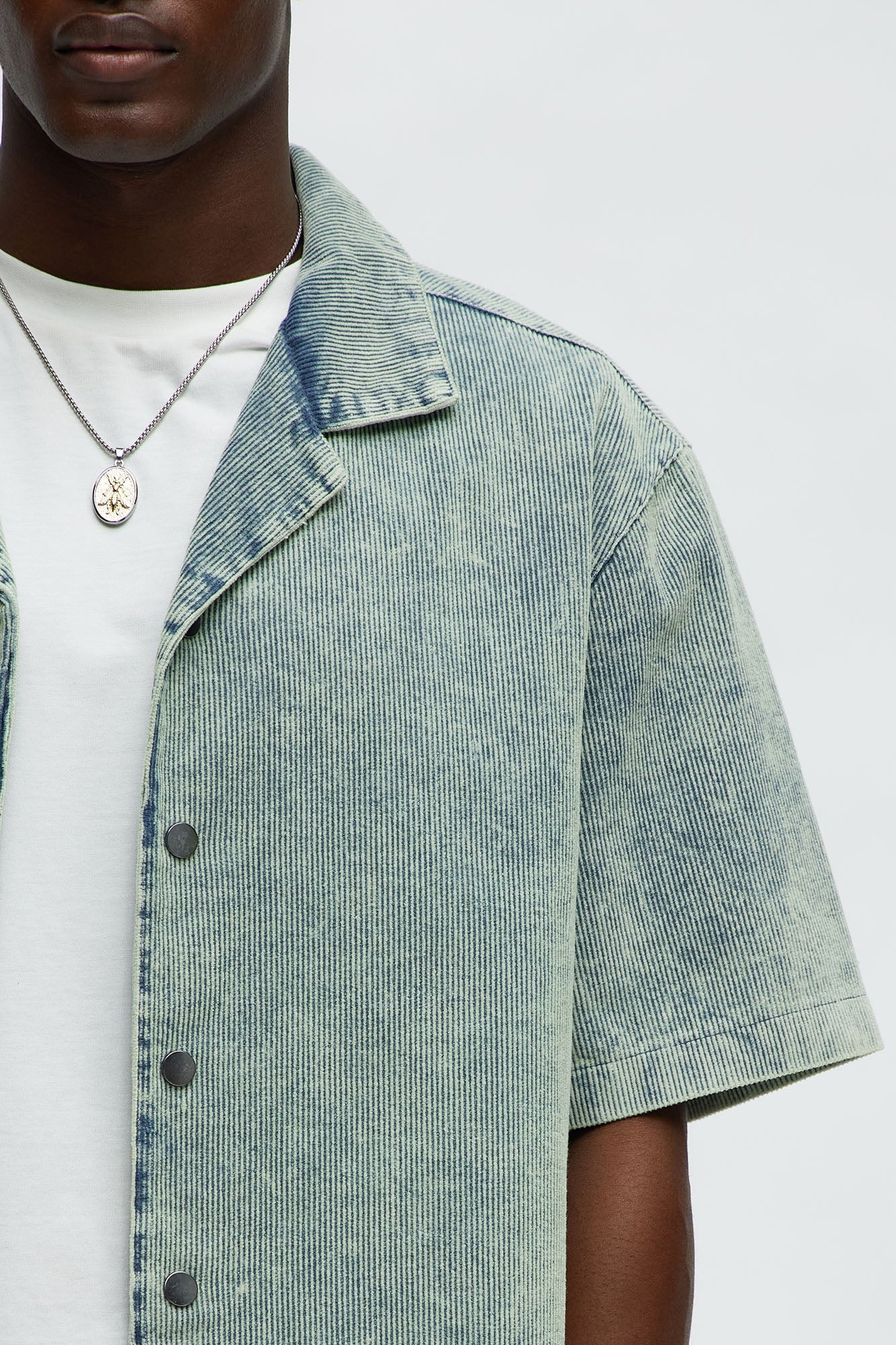 Ohio Corduroy Cuban Collar Cropped Short Sleeve Shirt - Blue/combo