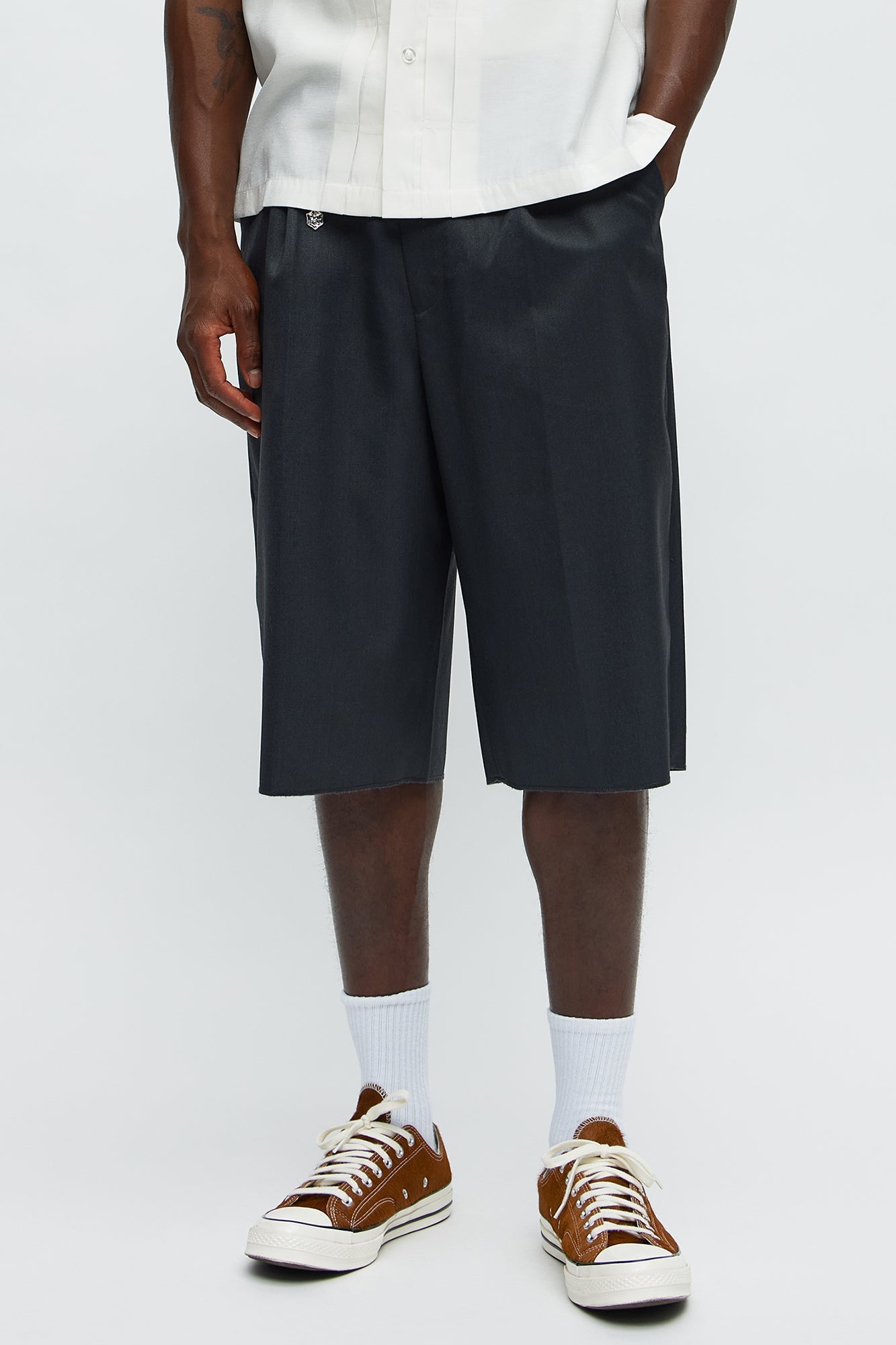 Baggy Pleated Trouser Shorts - Grey