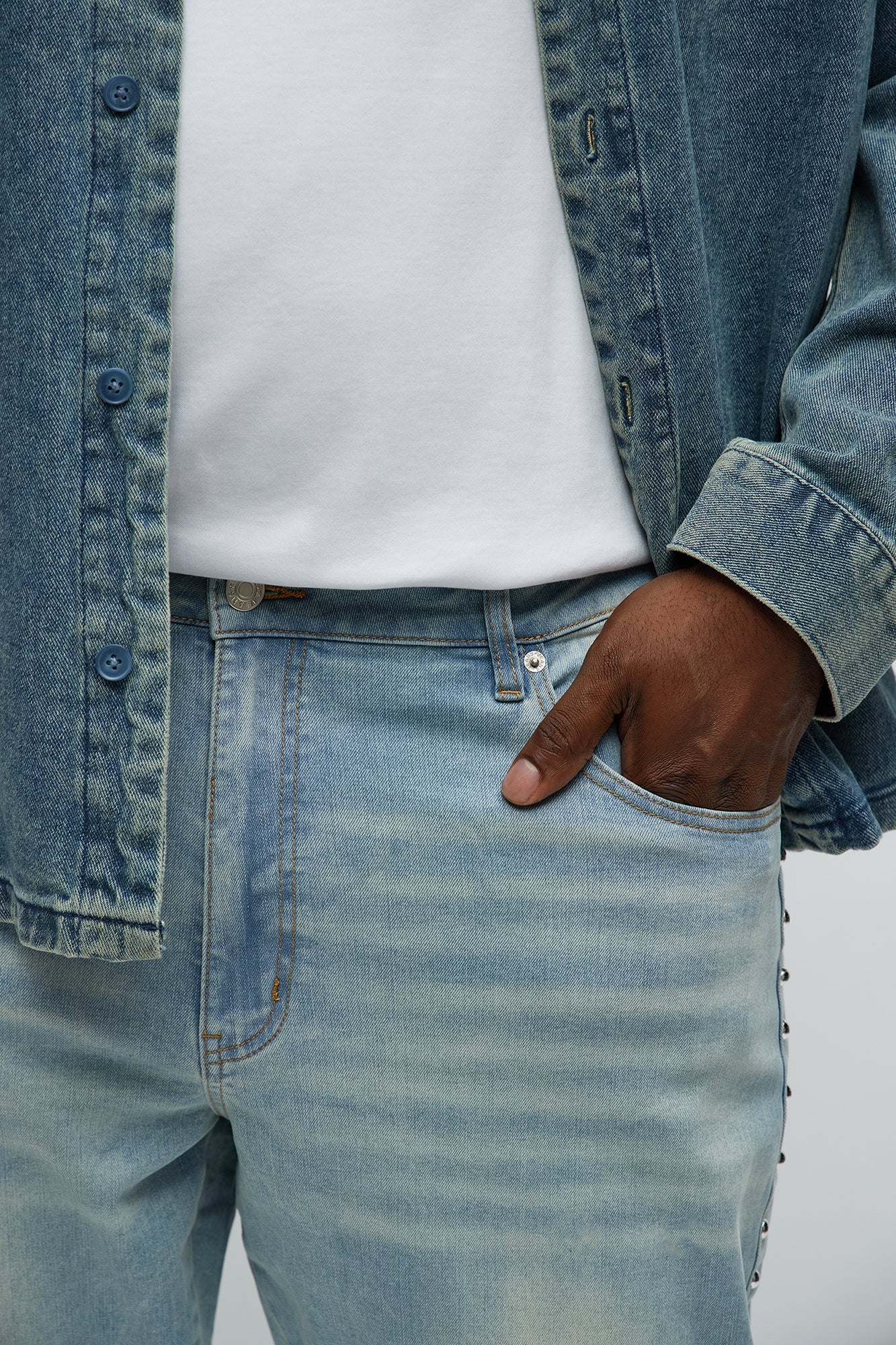 Stacked Slim Flare Stud On The Side Jeans - Light Wash