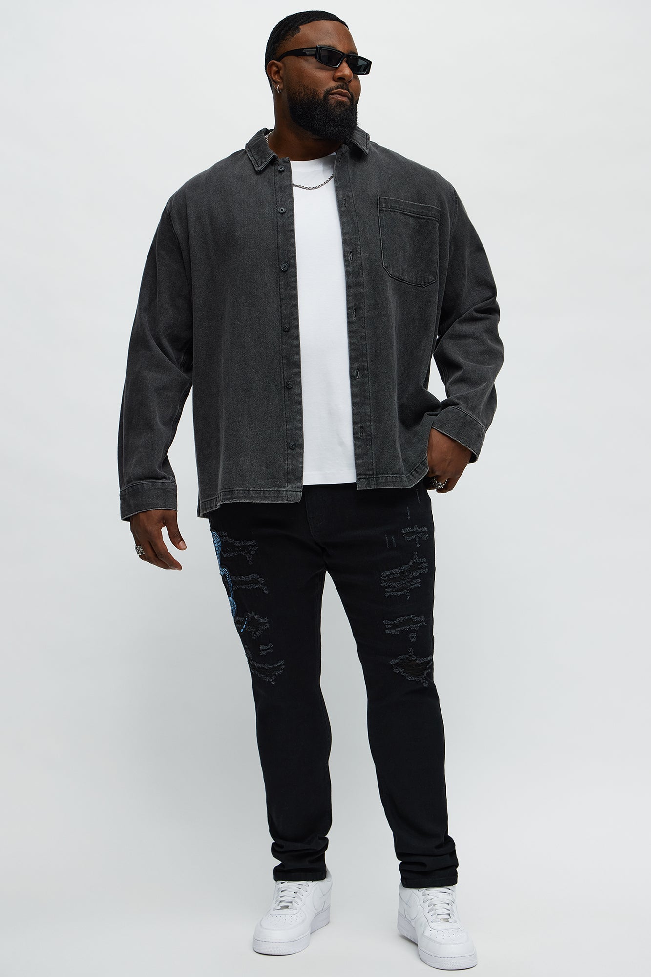 Side Snake Rip And Repair Stacked Skinny Jeans - Black