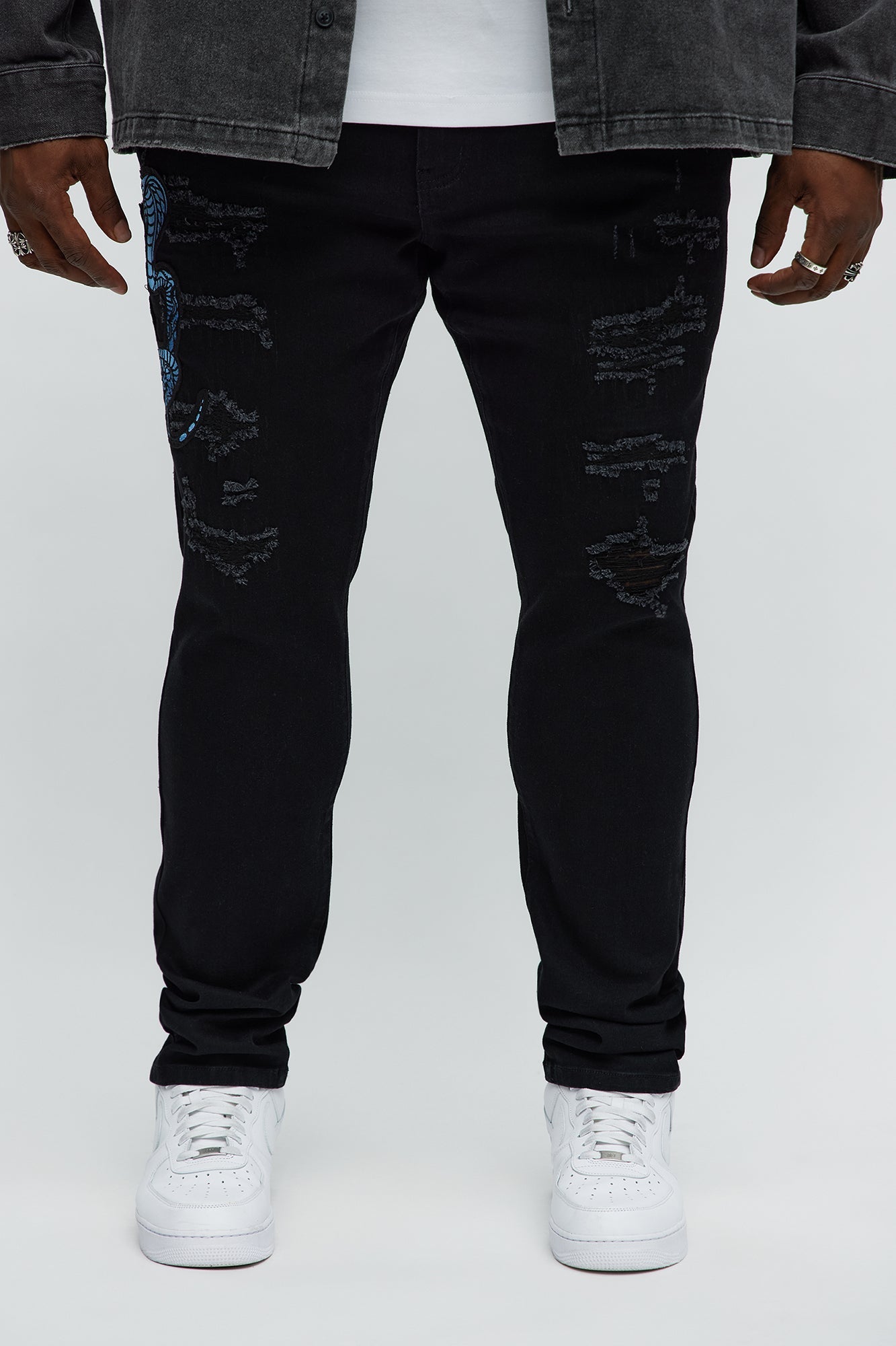 Side Snake Rip And Repair Stacked Skinny Jeans - Black