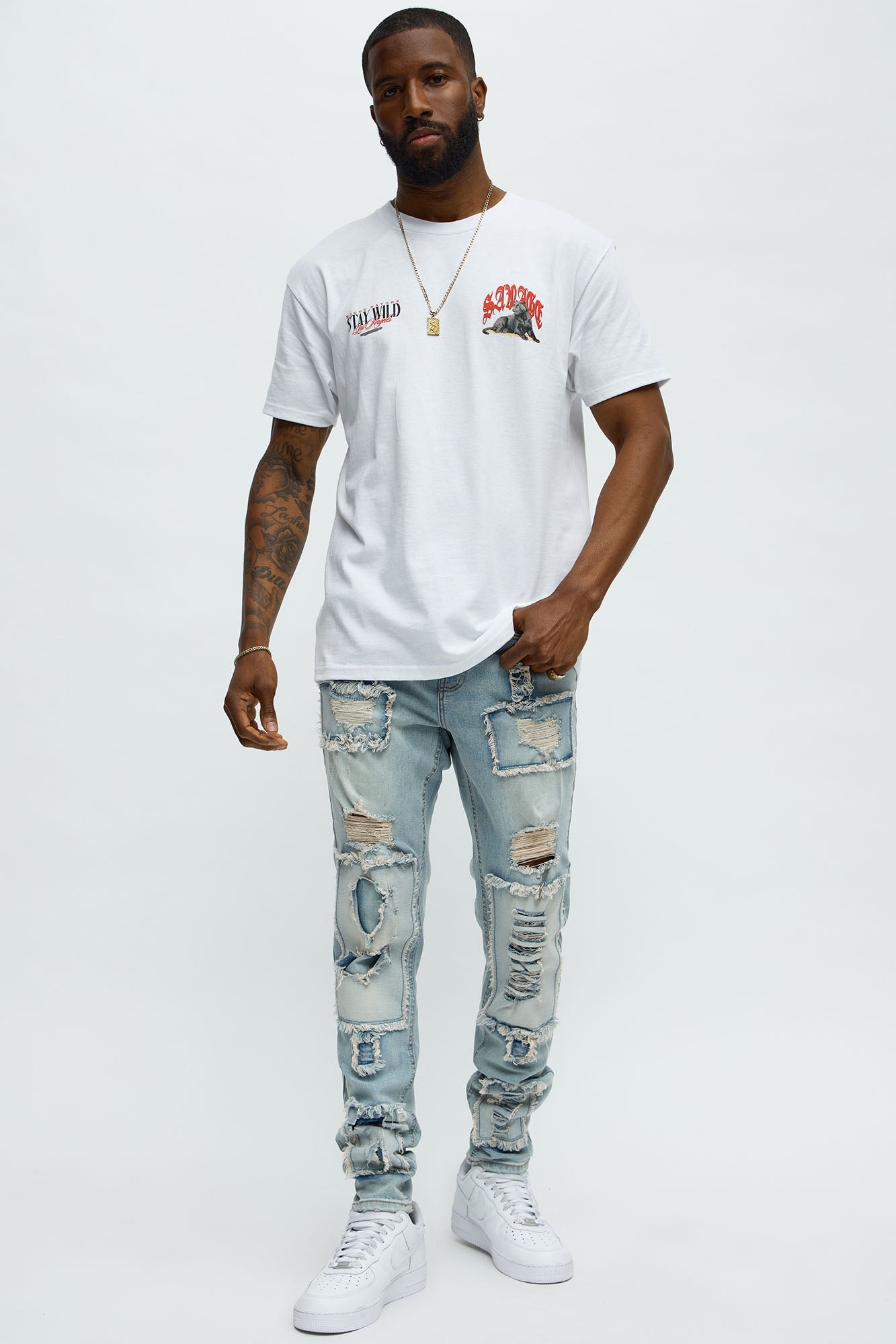 Shredded Patchwork Skinny Jeans - Light Wash