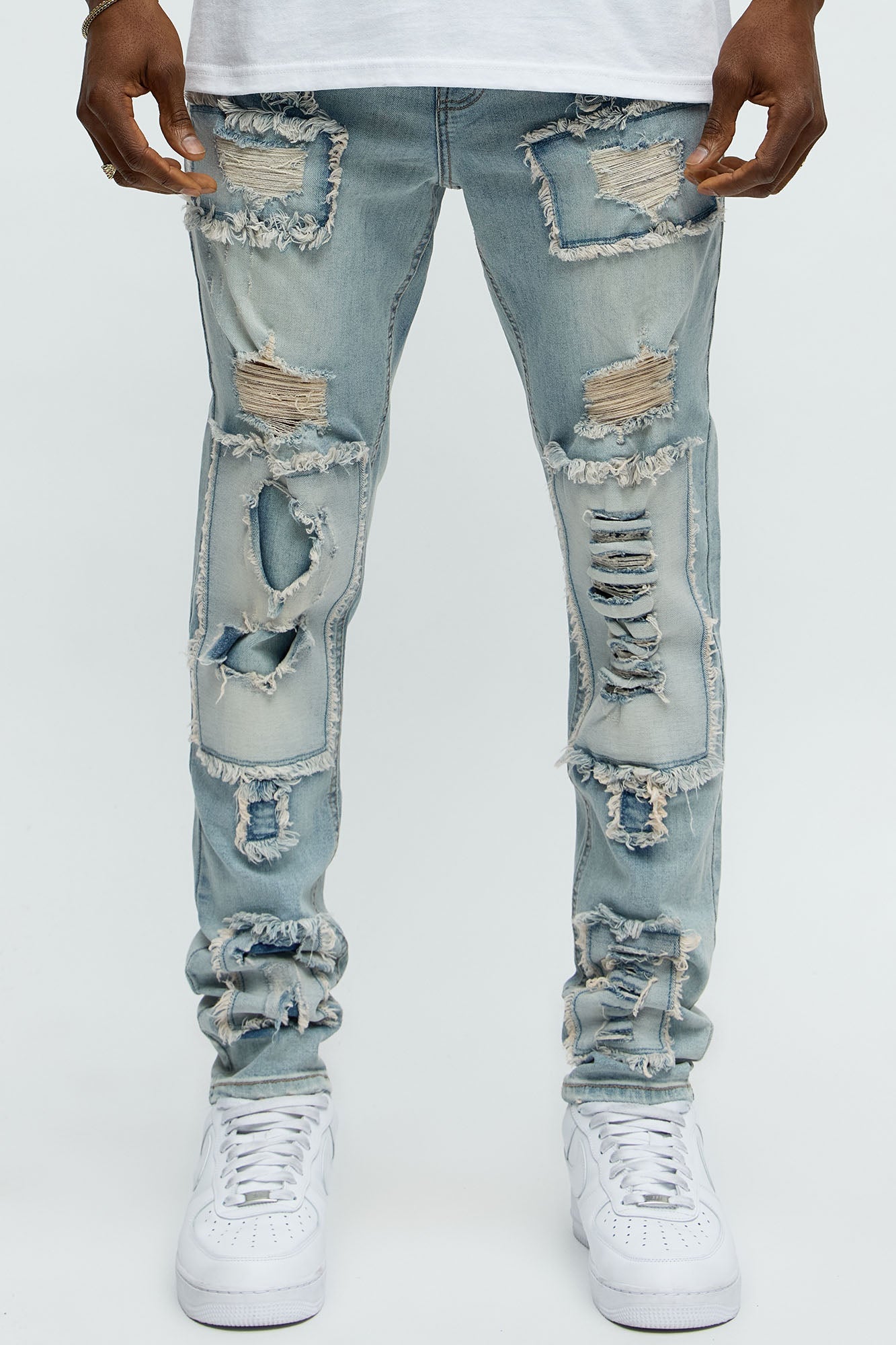 Shredded Patchwork Skinny Jeans - Light Wash