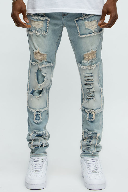Shredded Patchwork Skinny Jeans - Light Wash