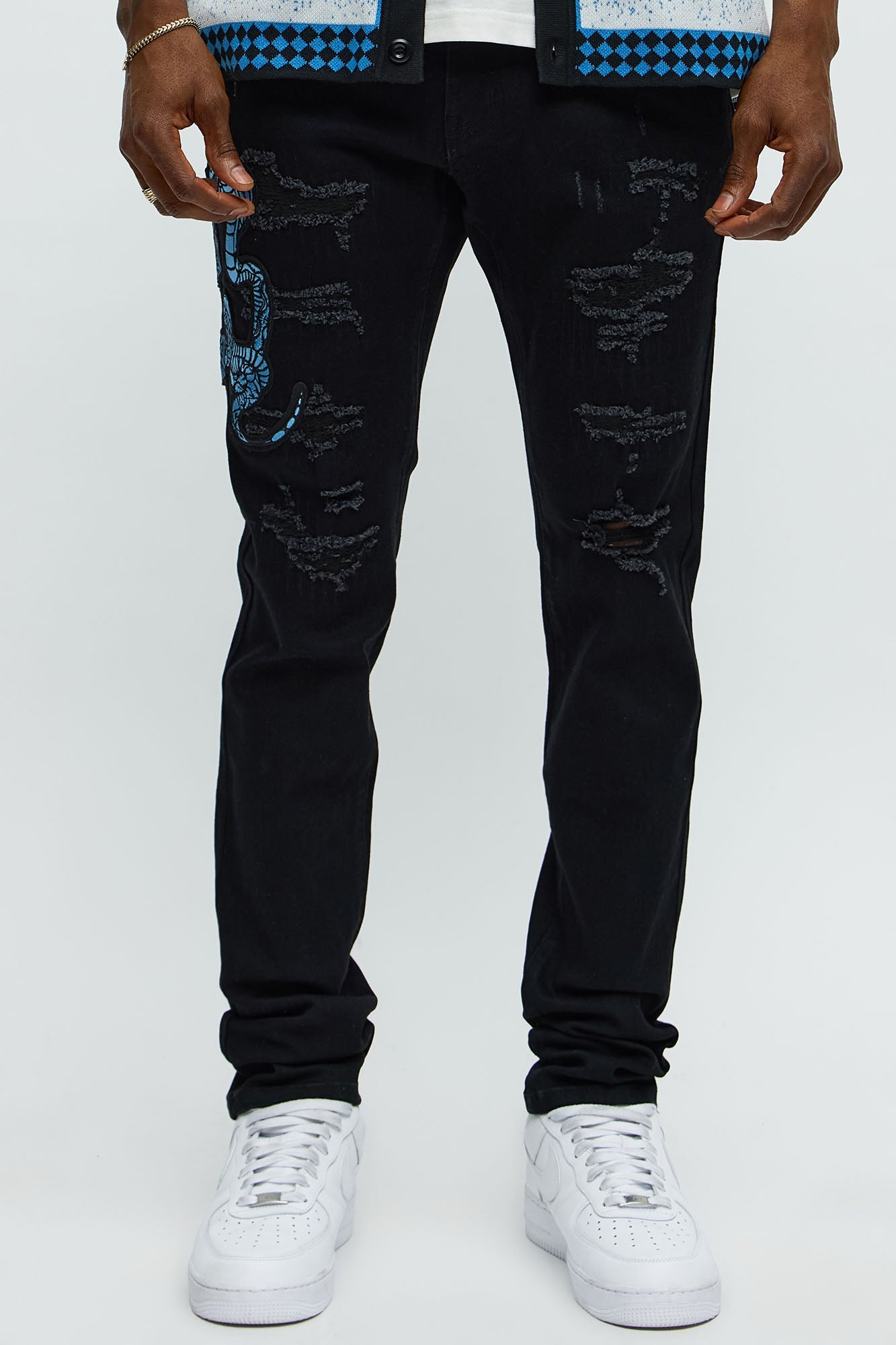 Side Snake Rip And Repair Stacked Skinny Jeans - Black