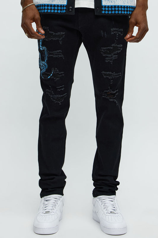 Side Snake Rip And Repair Stacked Skinny Jeans - Black