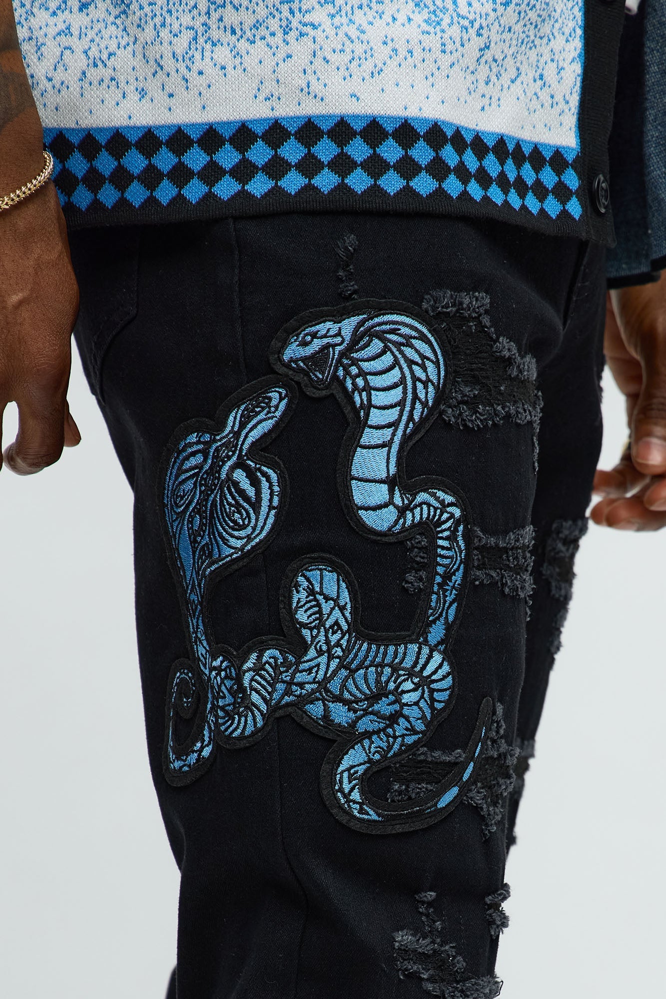 Side Snake Rip And Repair Stacked Skinny Jeans - Black