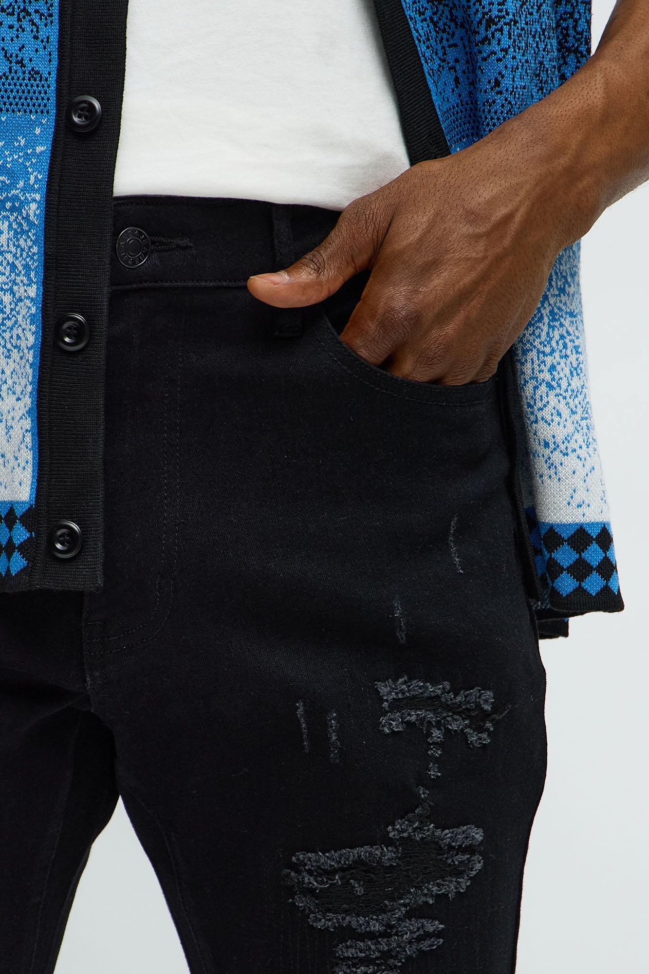 Side Snake Rip And Repair Stacked Skinny Jeans - Black