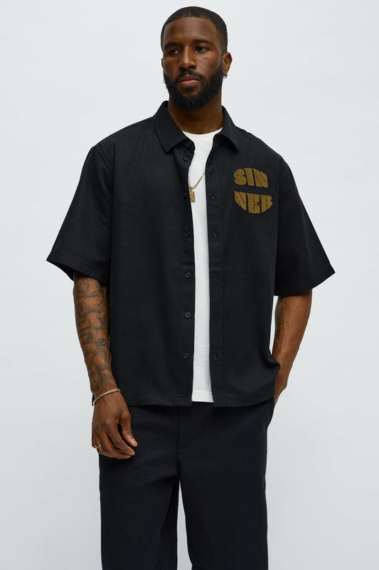 Sinner Cropped Button Up Shirt - Black