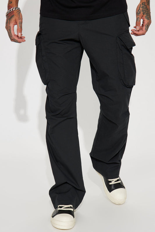 Slim Flare Cargo Parachute Pants - Black